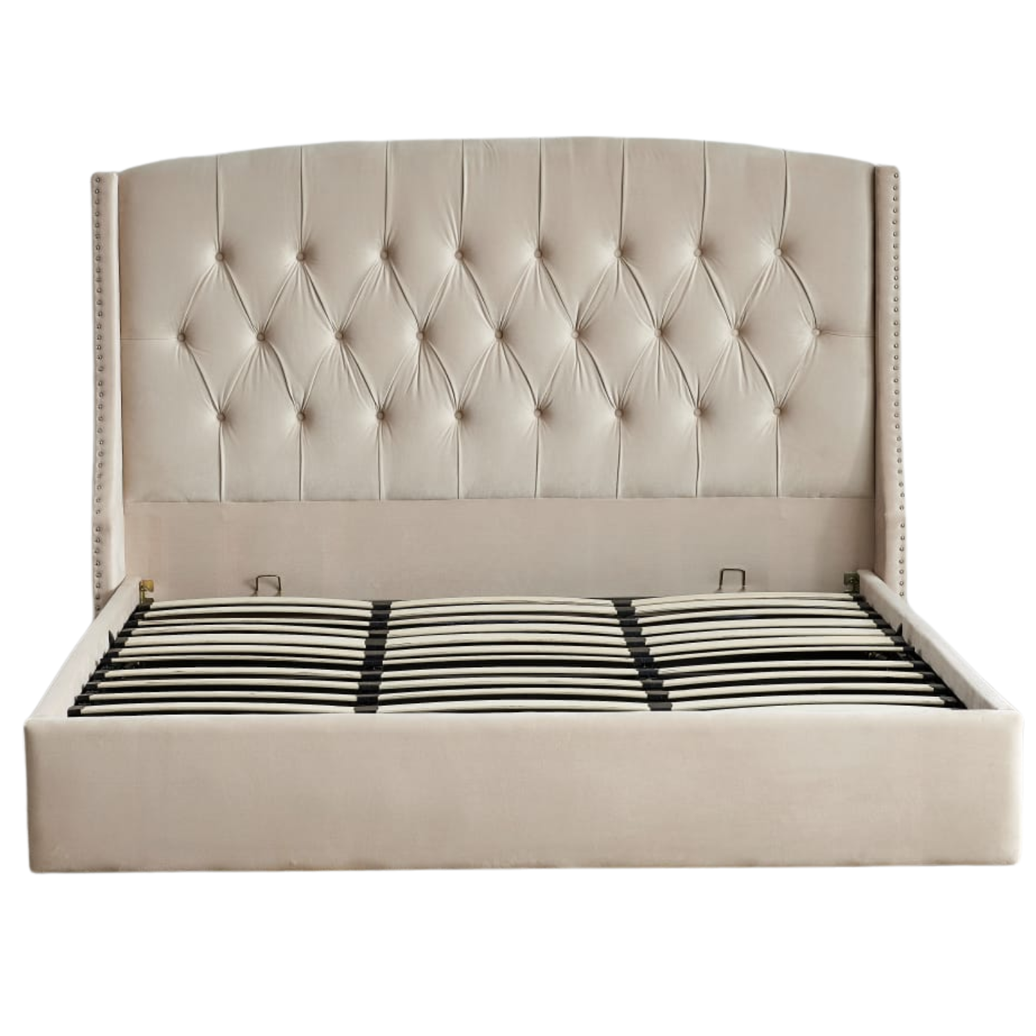 Lit coffre en velours capitonné – Sommier à lattes et rangement intégré – 180x200 cm – Gris, Beige ou Noir