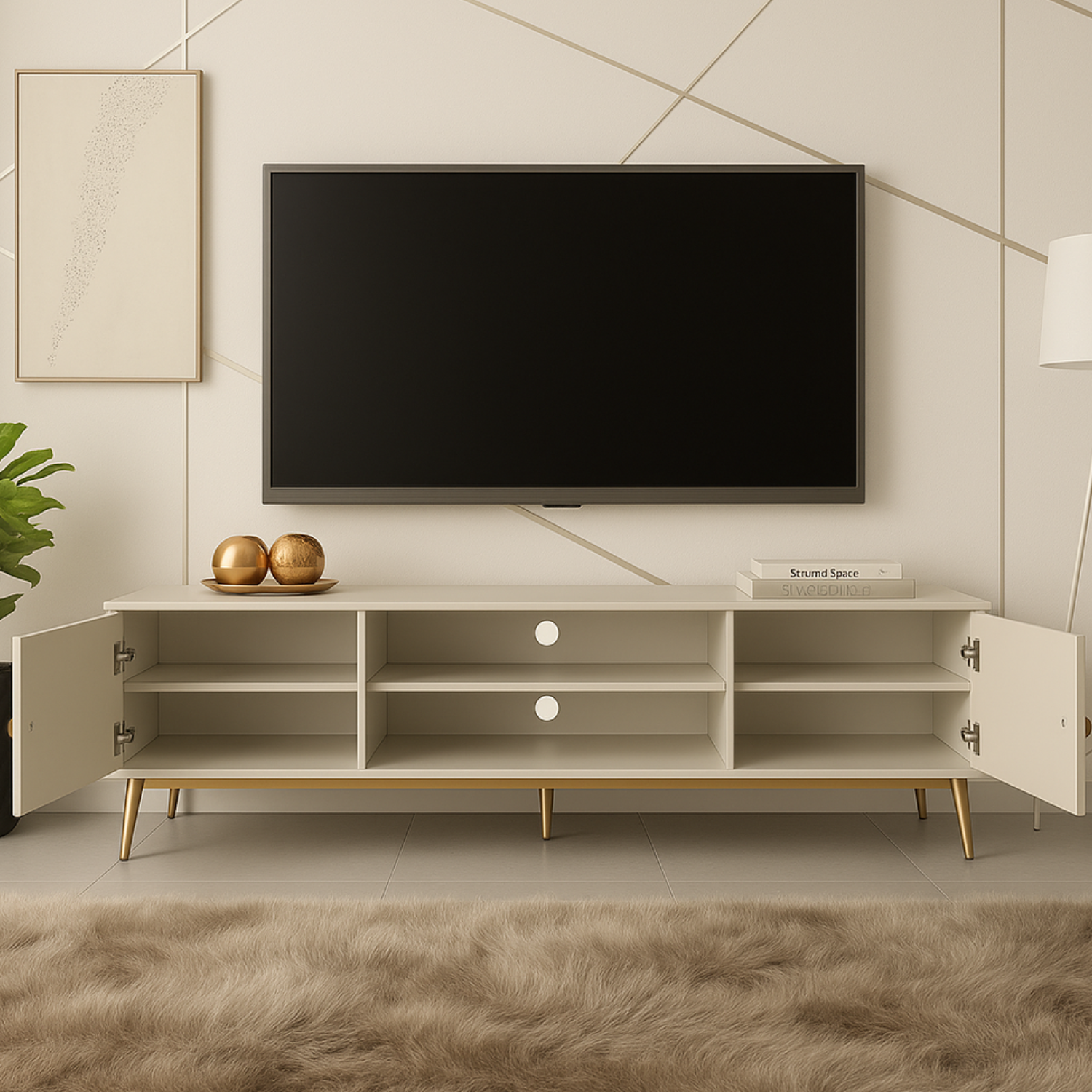 Meuble TV  – Cachemire élégant – 2 niches fermées et étagères ouvertes – Pieds dorés hauts