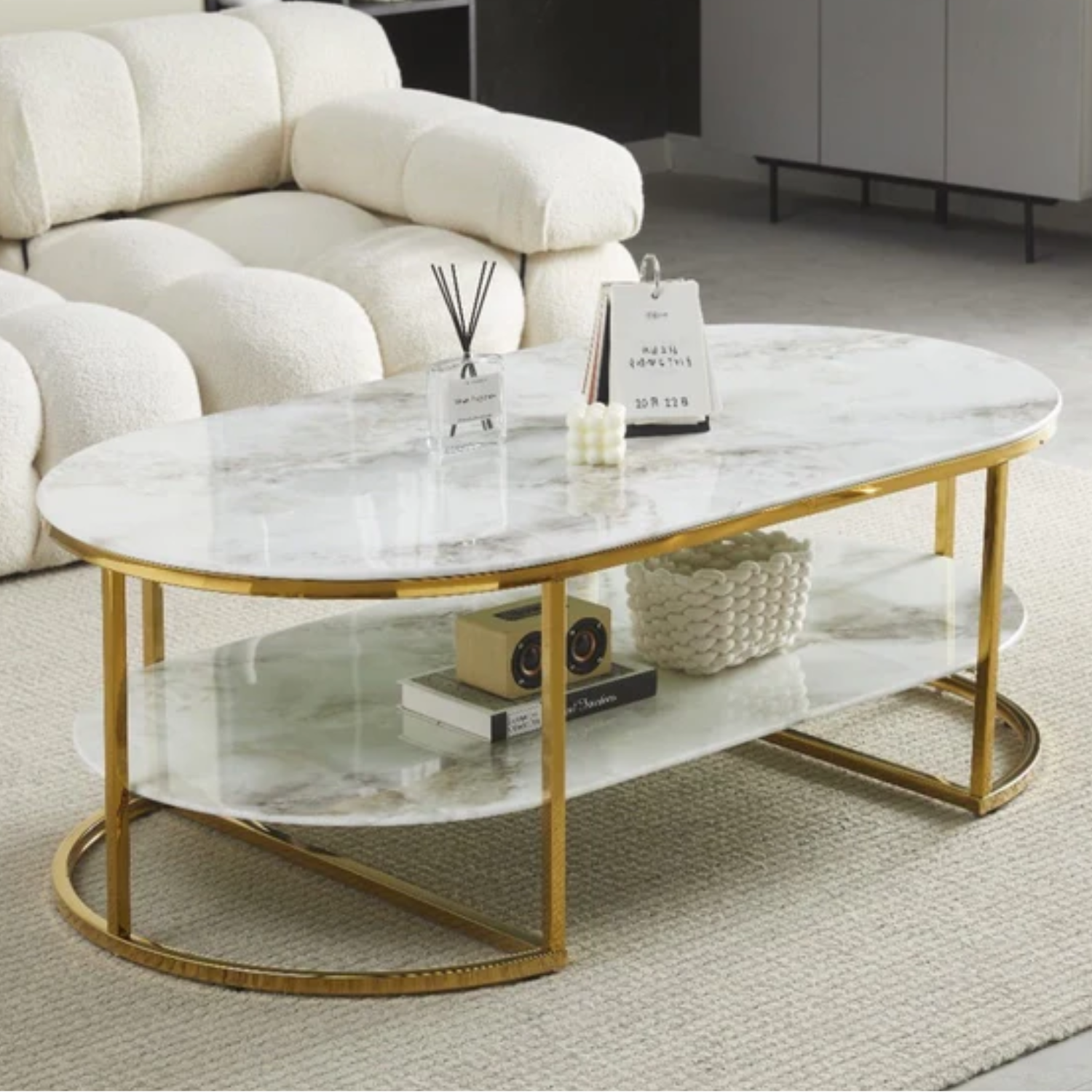 Table basse plateau verre marbré blanc et Piètement Inoxydable