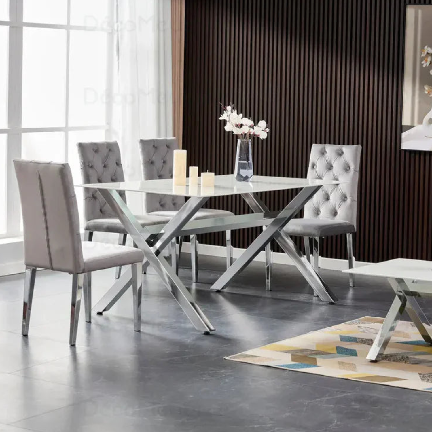 Ensemble de table à Manger en Marbre Blanc et 6 Chaises Capitonnées Ecru