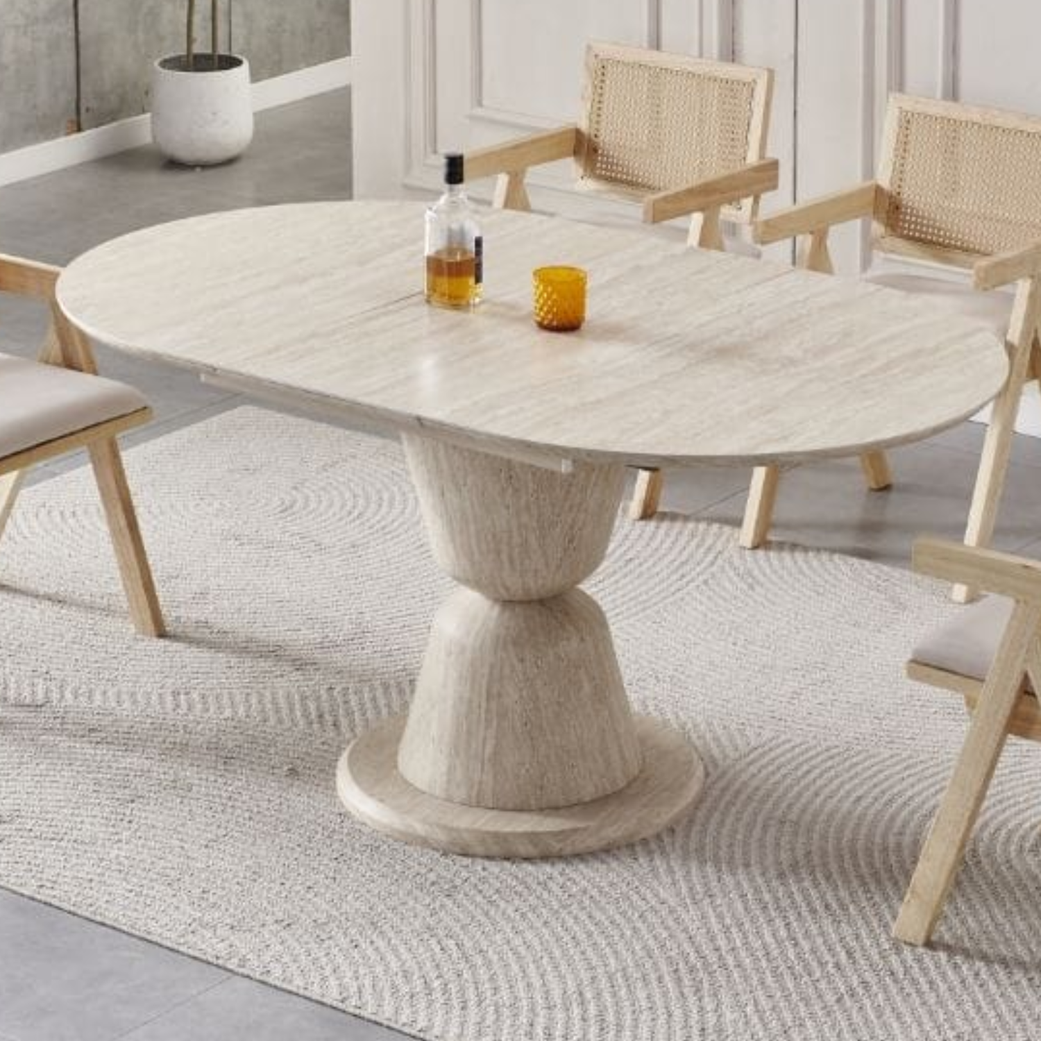Table à Manger Extensible – Plateau Céramique Travertin et Pieds Noyer