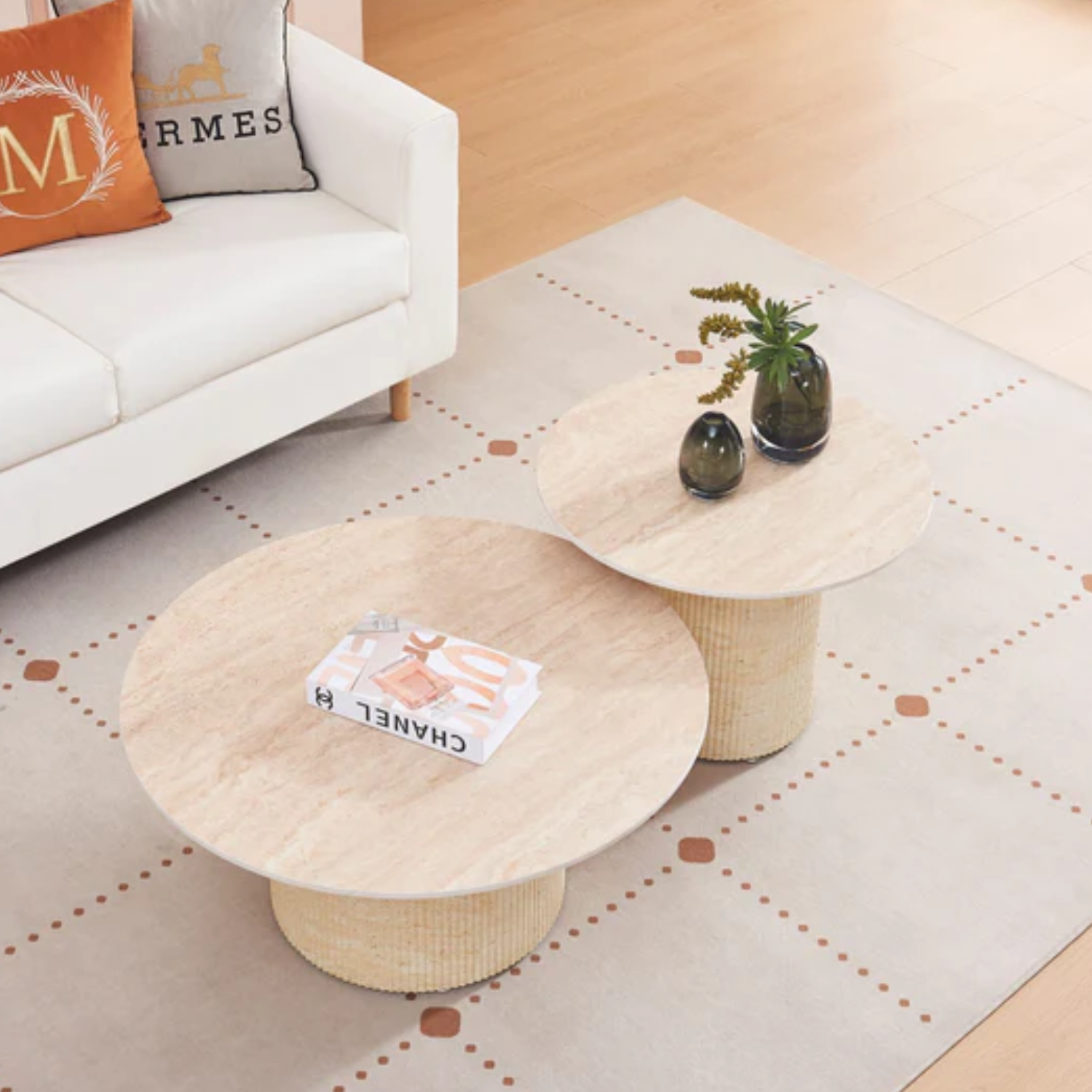 Table Basse Duo – Céramique Effet Travertin et Pieds Beige – 80x38 / 60x45 cm