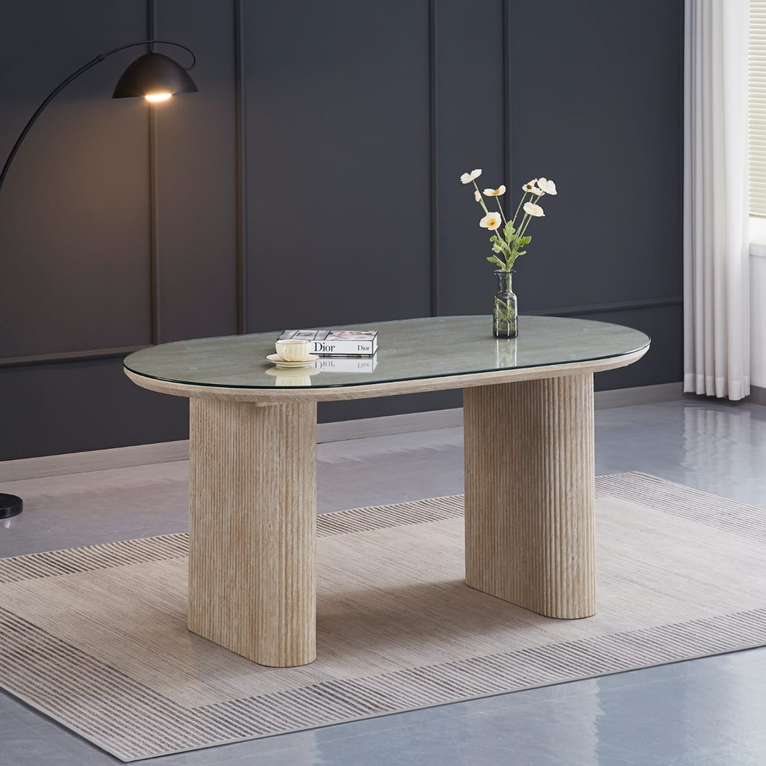 TABLE A MANGER EFFET TRAVERTIN PLATEAU TRANSPARENT 160X90X75