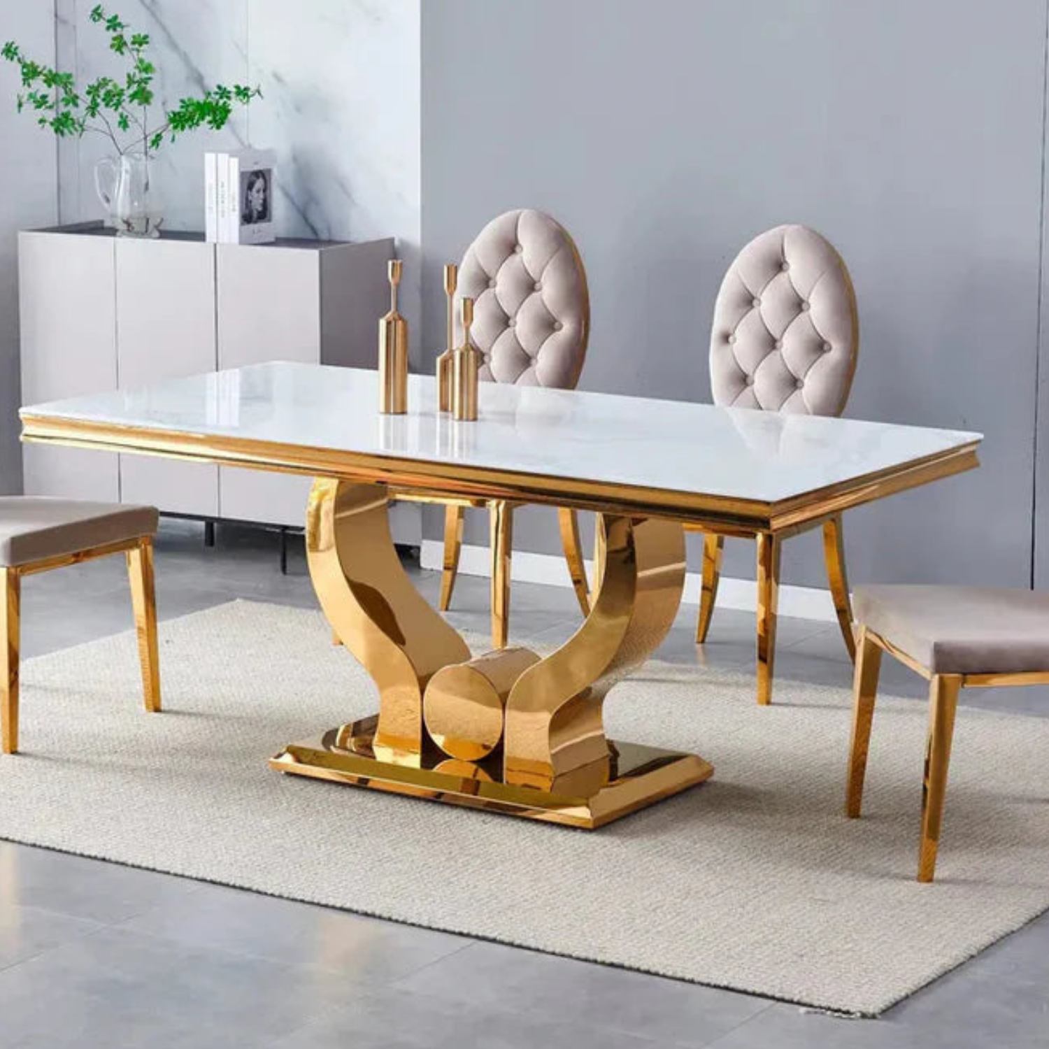 Ensemble salle à manger – Table marbre blanc pieds dorés & 4 chaises velours taupe