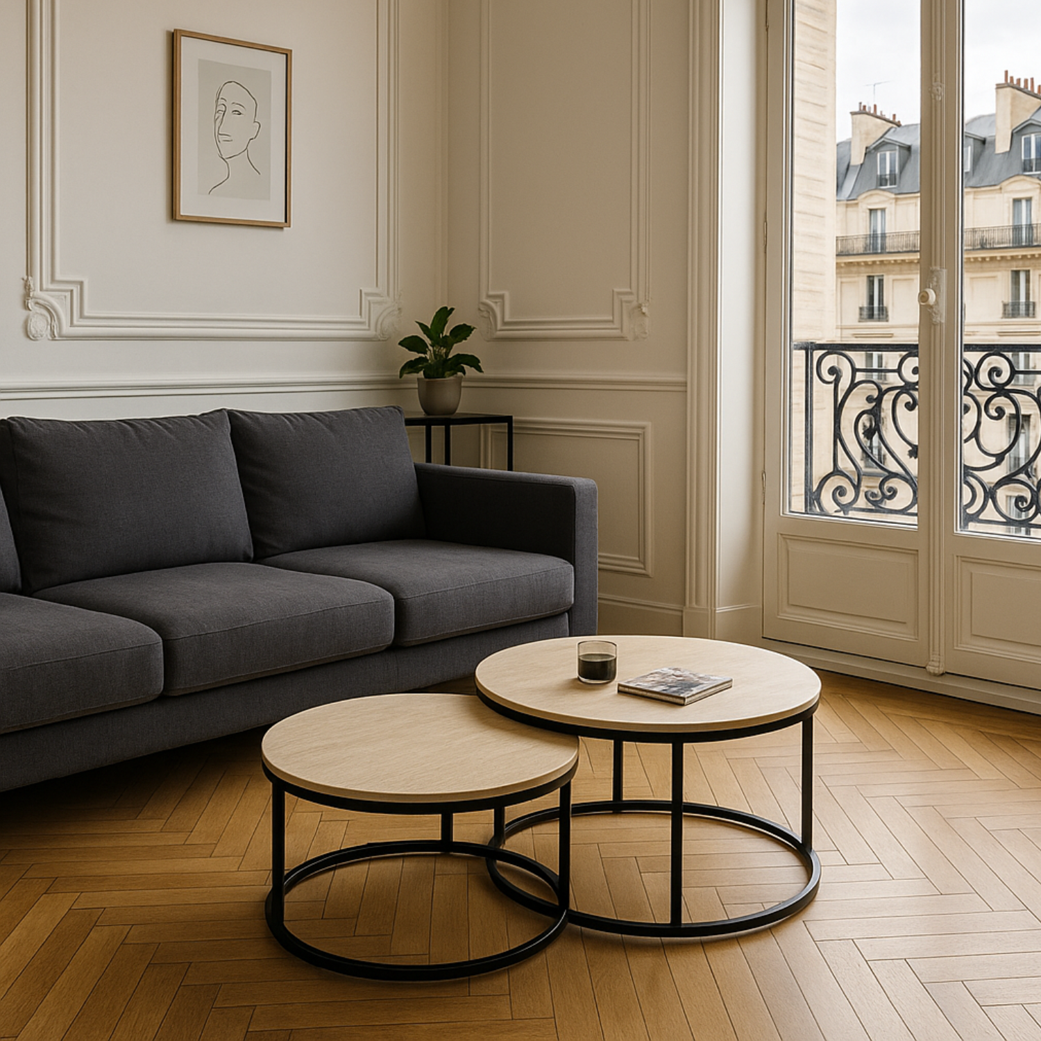 Table Basse Plateau Céramique Effet Travertin Beige & Pieds en Acier Noir