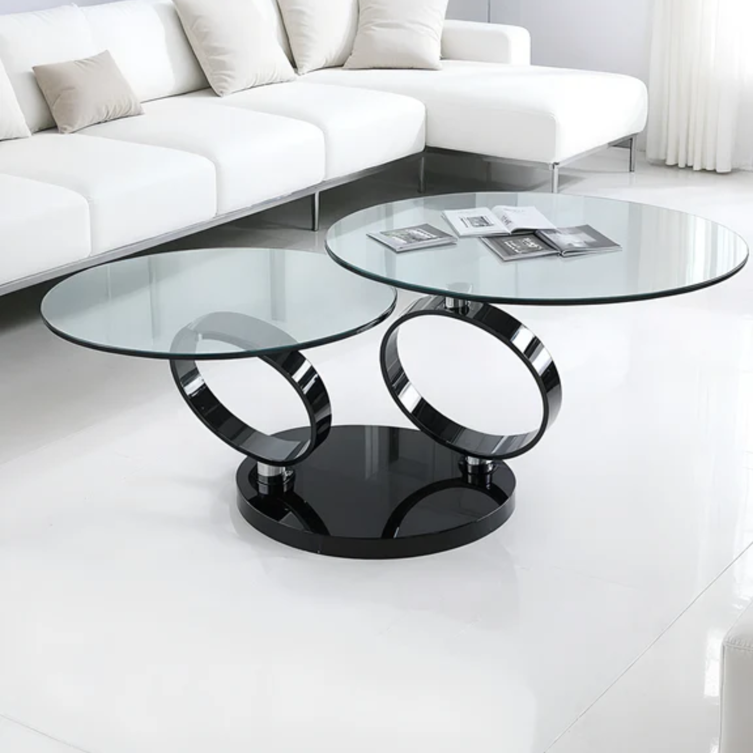 Table Basse Ronde en Verre Transparent avec Structure en Métal Noir