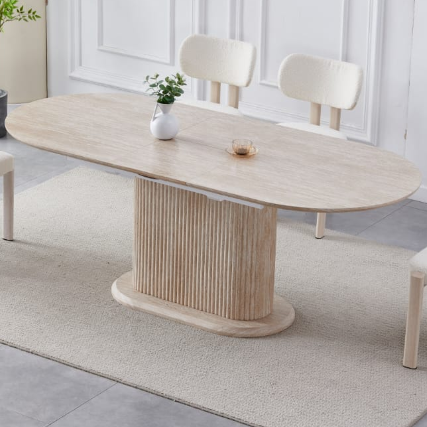 Table à manger extensible – Plateau céramique effet travertin - 160-200 Cm