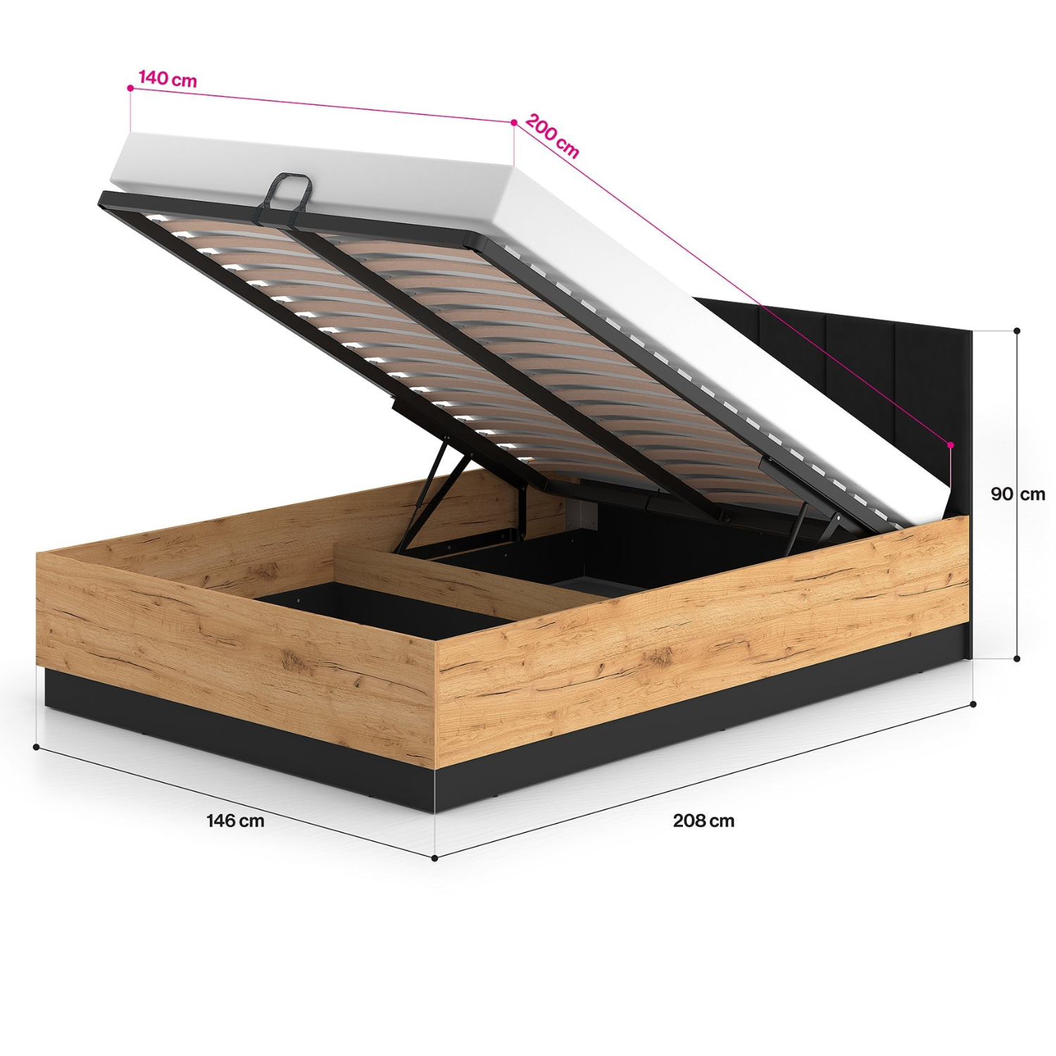 Lit en Chêne Craft Or + Noir avec Appuie-tête en Velours Noir – Design Élégant et Résistant