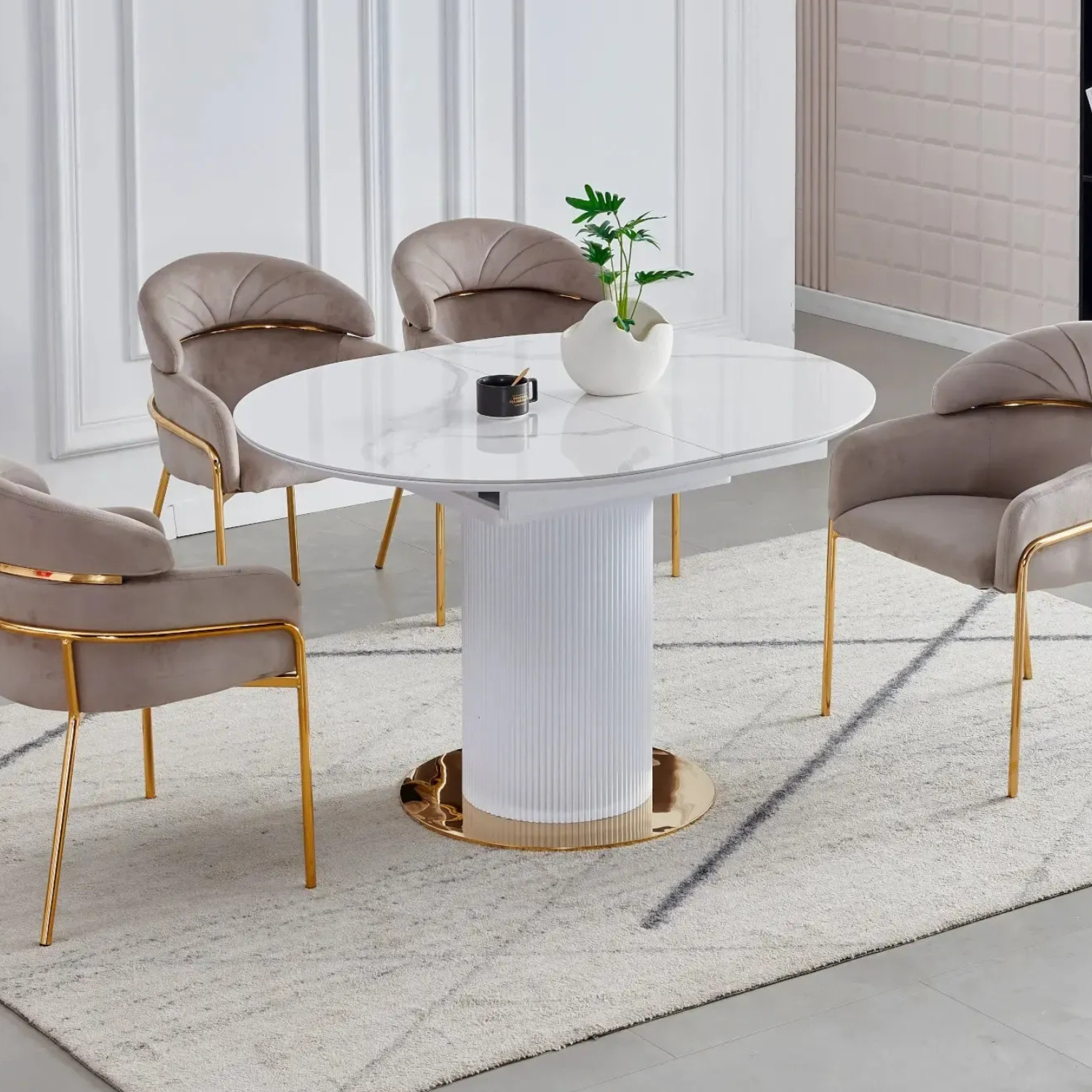 Table à Manger Extensible avec Rallonge en Céramique et Piètement en Bois Laqué et Inox