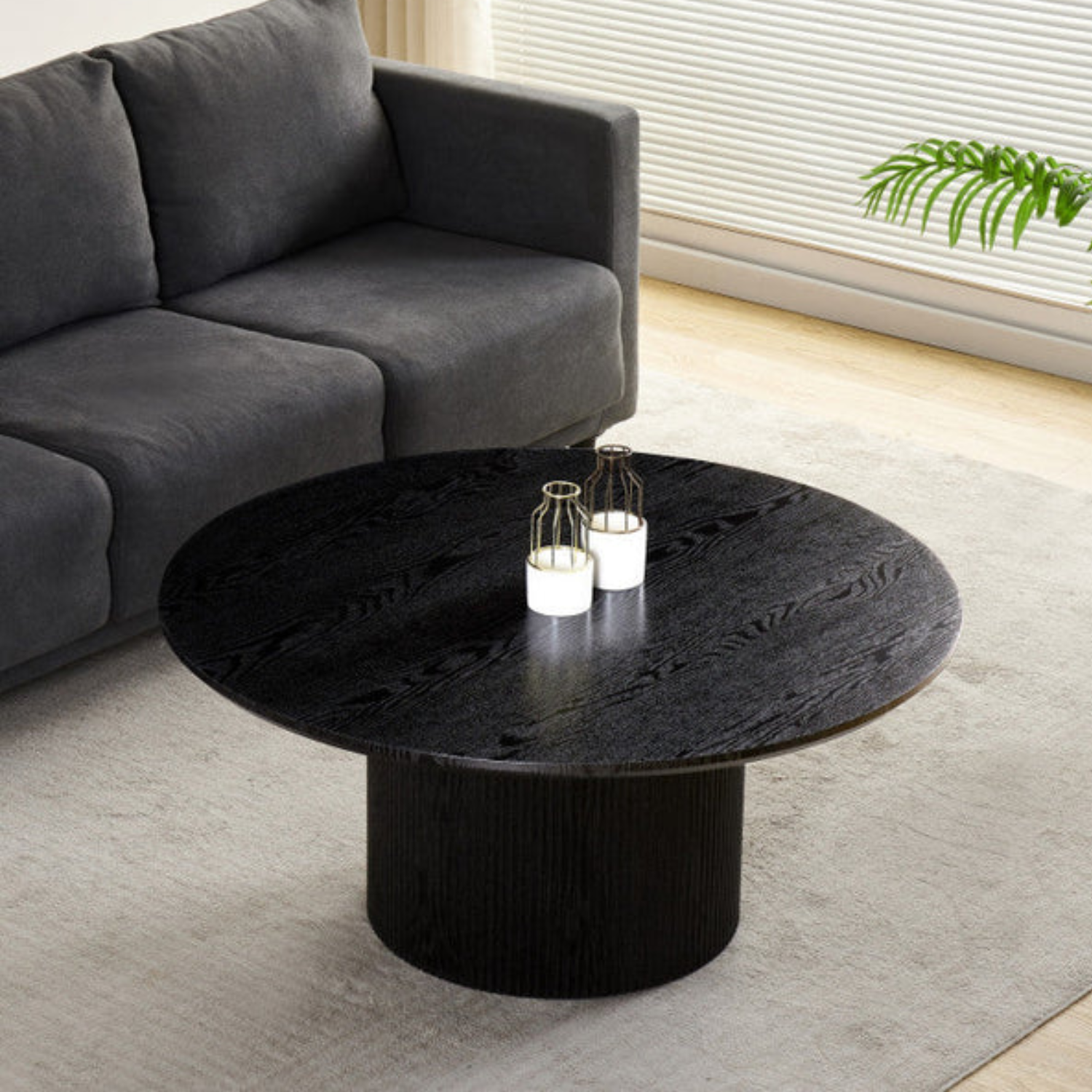 Table Basse en Chêne Noirci avec Piétement Cylindrique en MDF