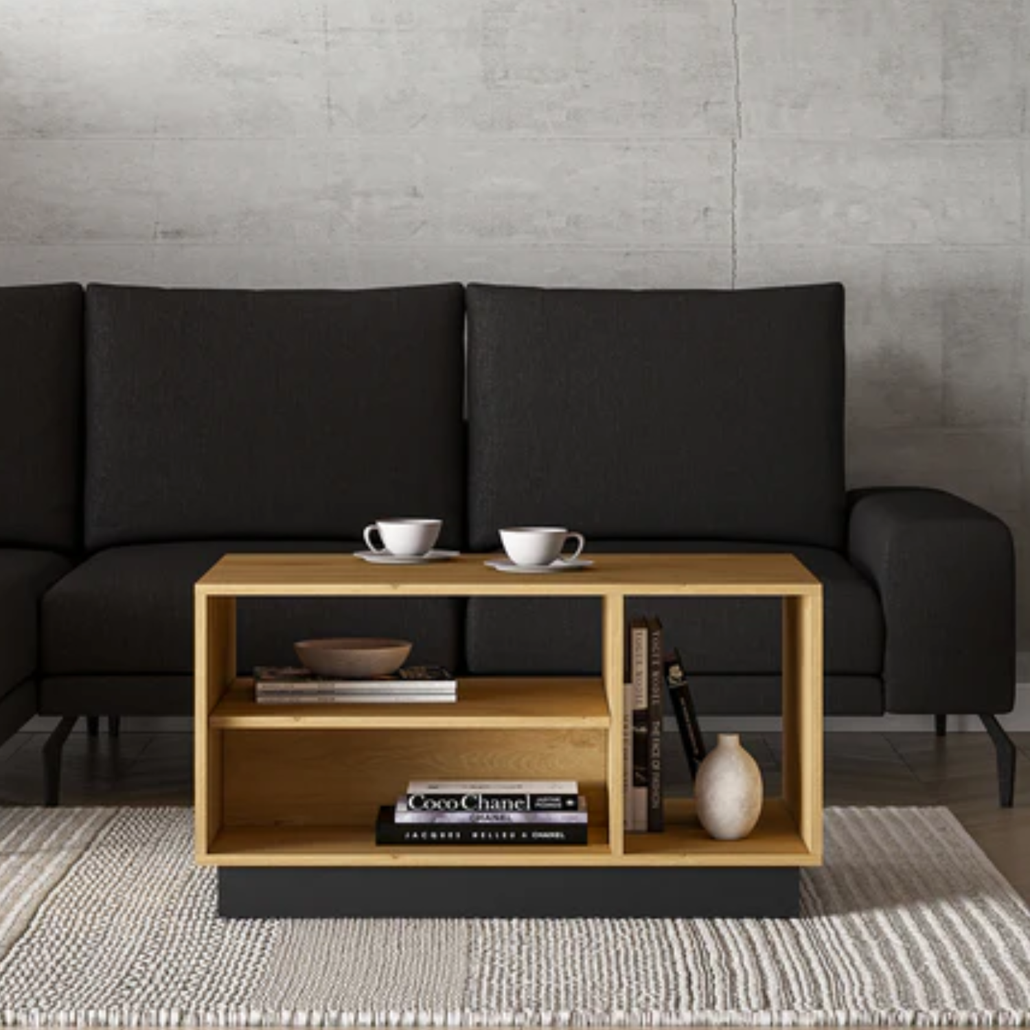 Table Basse en Chêne Élégant avec Base Noire - Design Moderne et Pratique