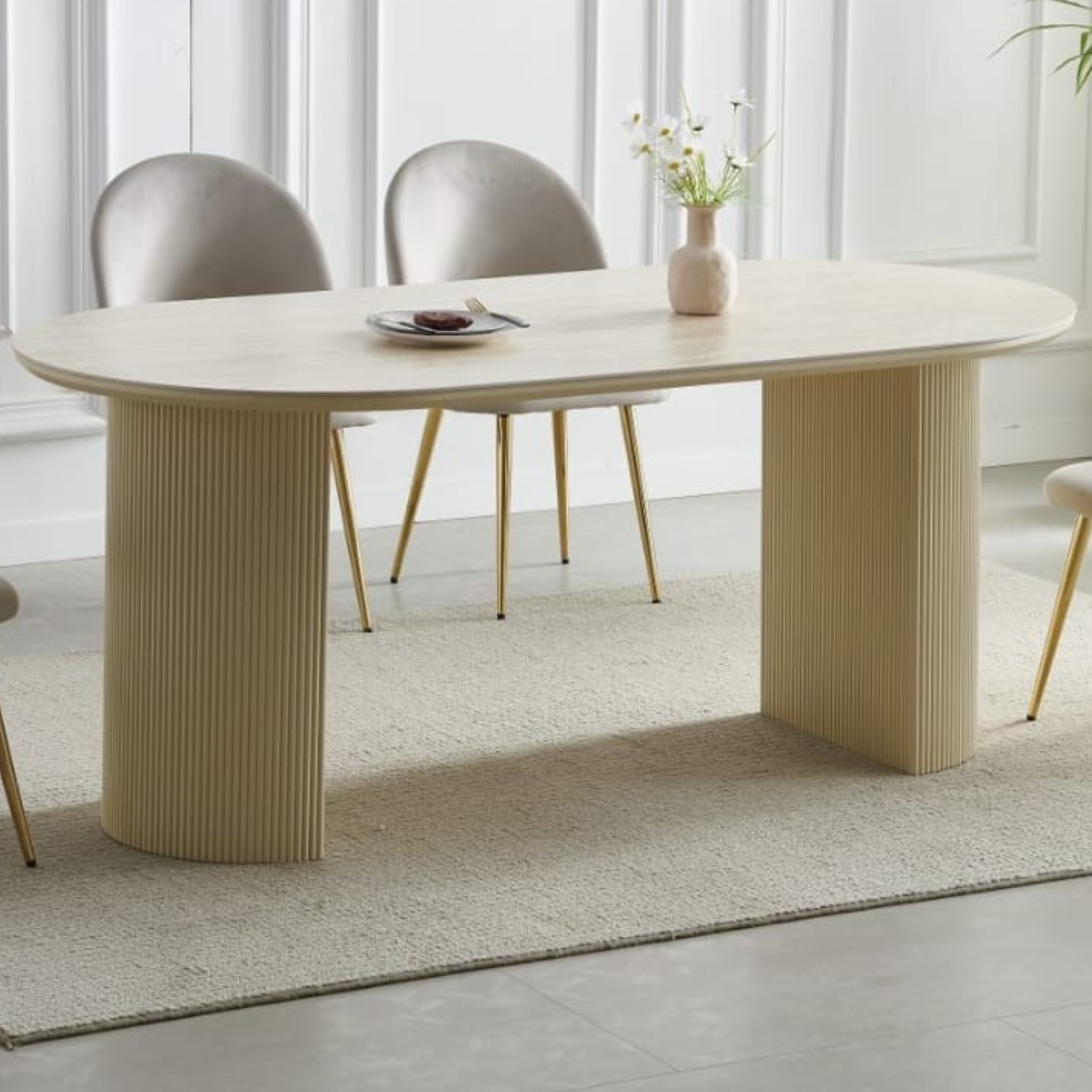 Table à manger – Céramique effet travertin & pieds bois strié - 180 cm