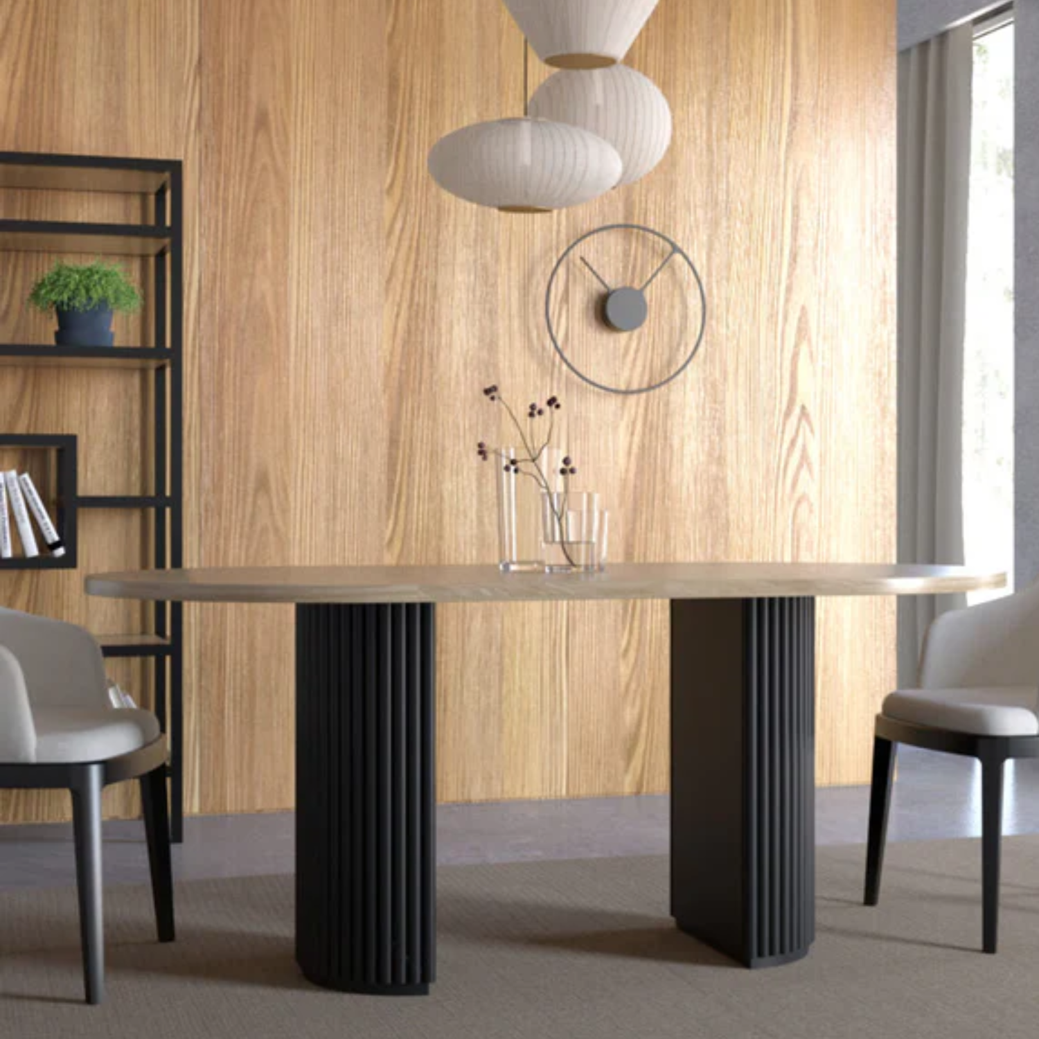Table à manger avec plateau en céramique effet marbre blanc ou travertin mat, piètement en métal noir – 180 x 90 cm