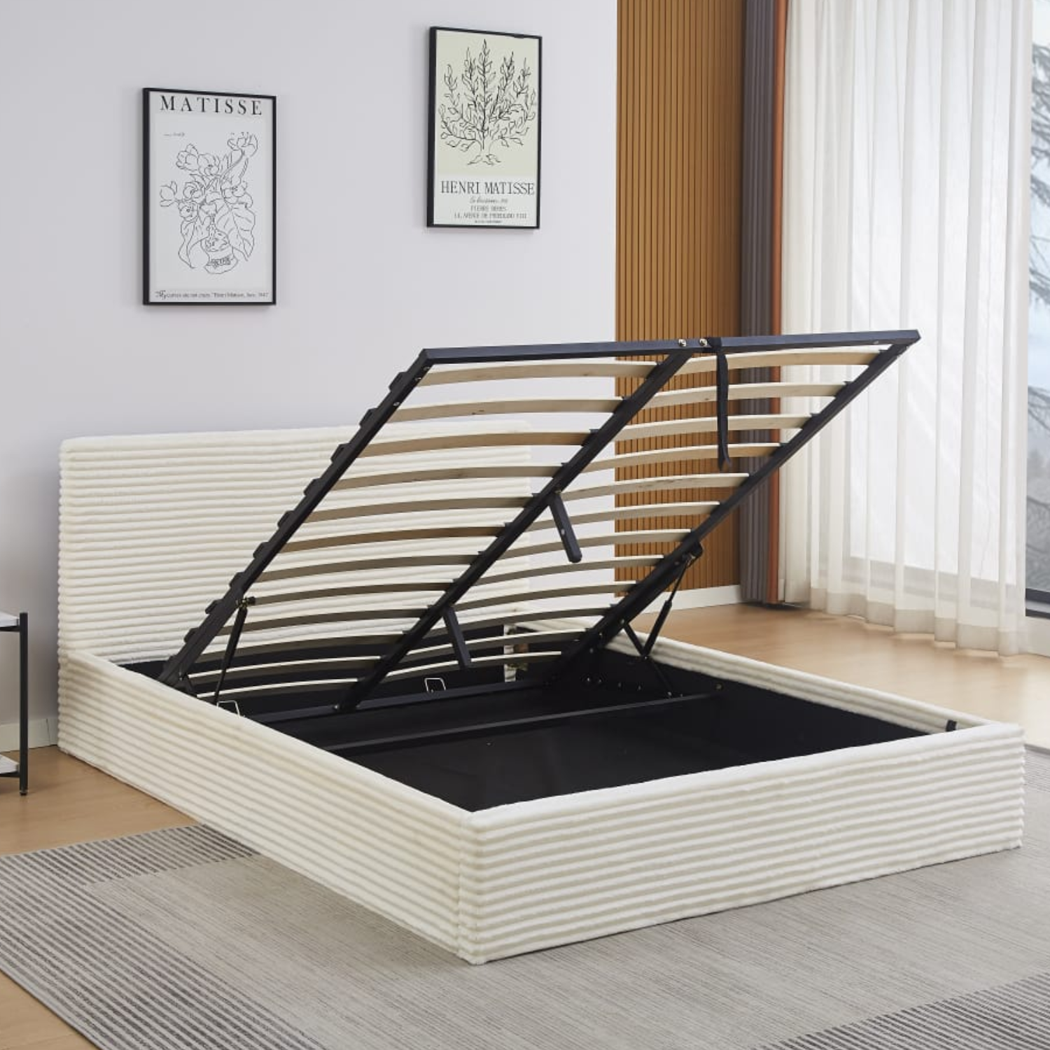 Lit Coffre Côtelé en Velours – Écru ou Gris – 90x190, 140x190, 160x200 cm