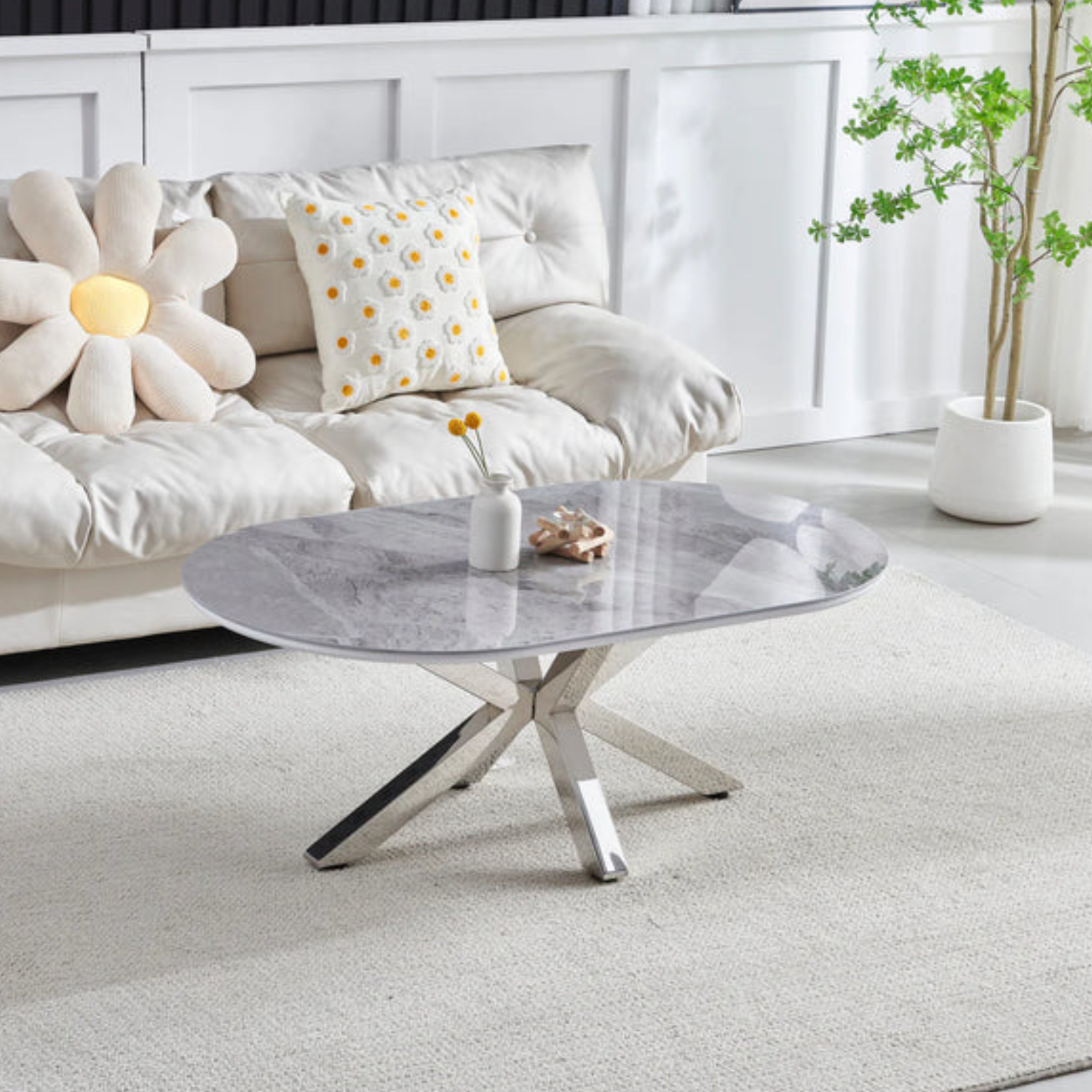 Table Basse – Élégance Moderne avec Plateau Céramique et Pieds en Acier Inoxydable