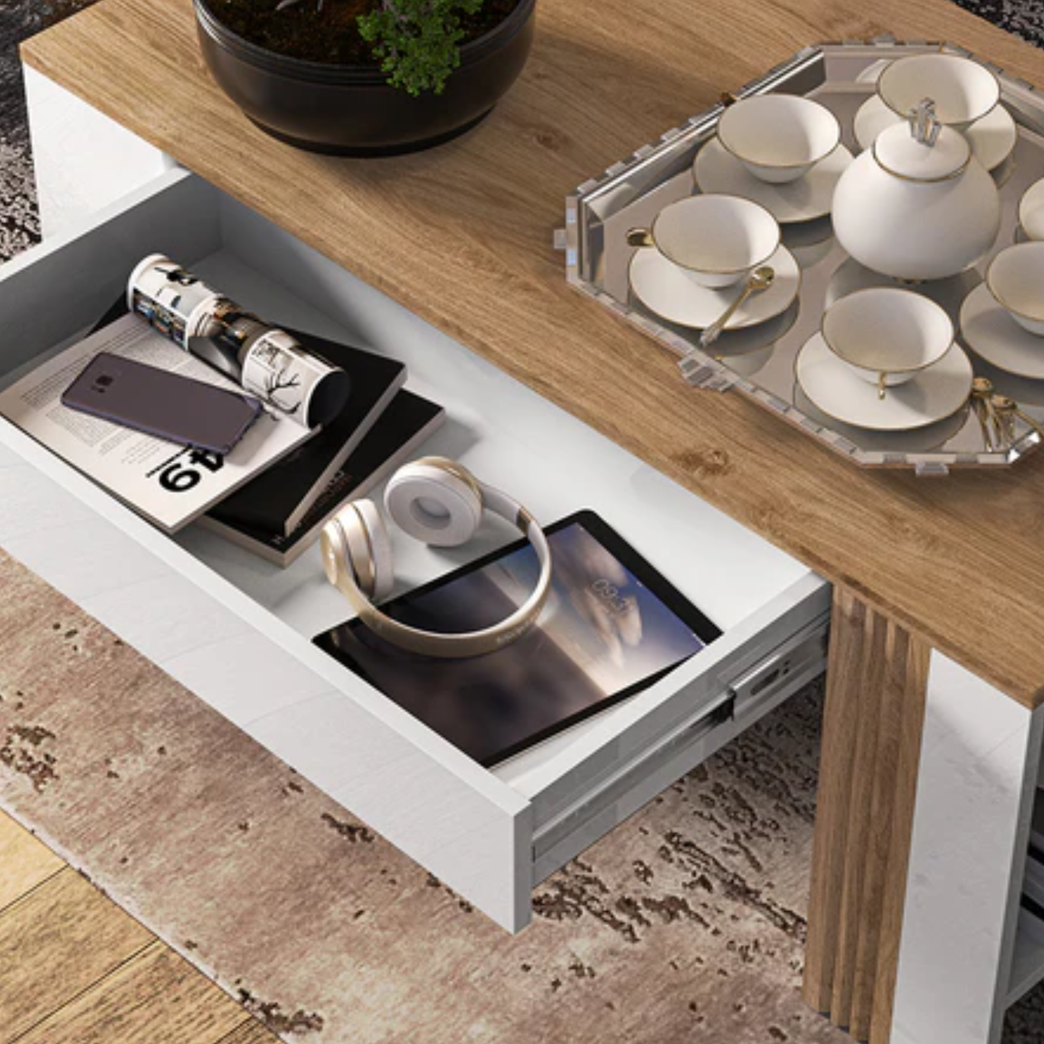 Table Basse Moderne en Chêne Castello et MDF Blanc Brillant