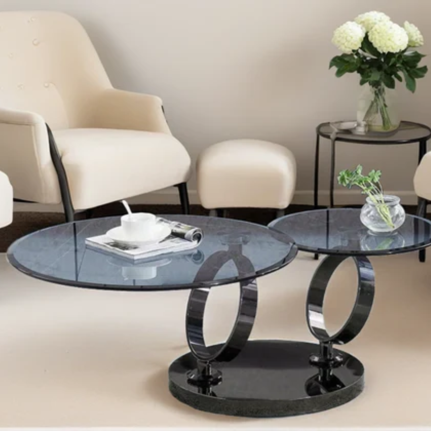 Table Basse Ronde en Verre Transparent avec Structure en Métal Noir
