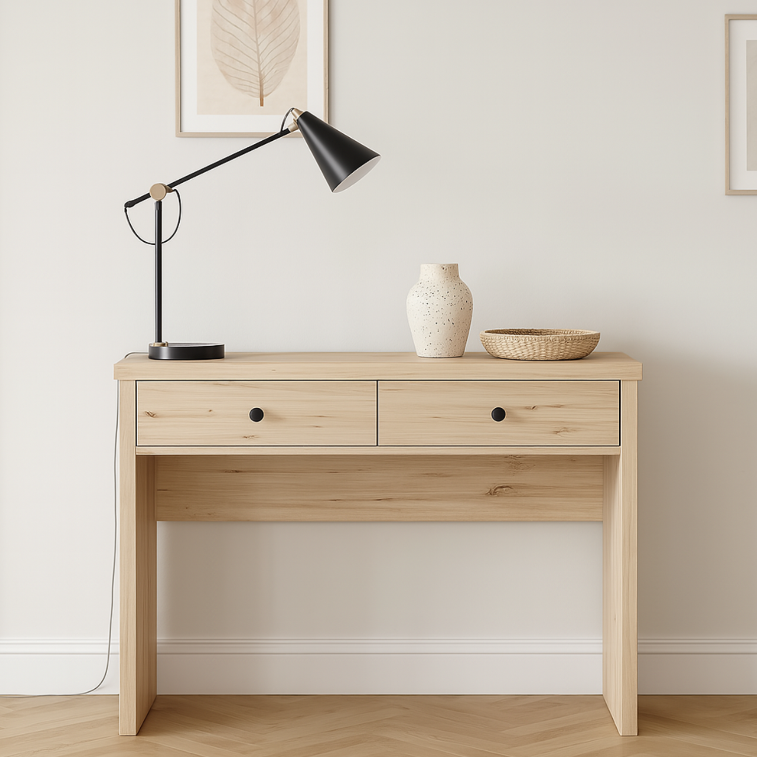 Coiffeuse compacte et élégante avec deux tiroirs, pouvant aussi servir de bureau