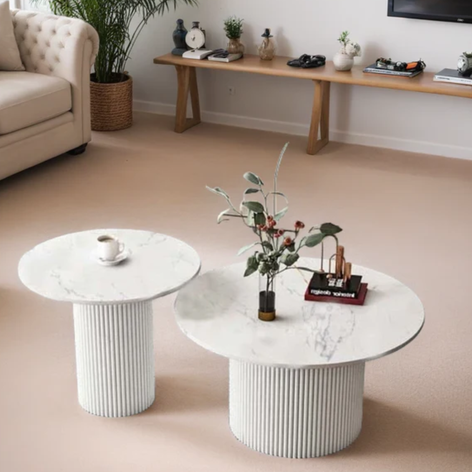 Table basse gigogne marbre blanc, structure blanche