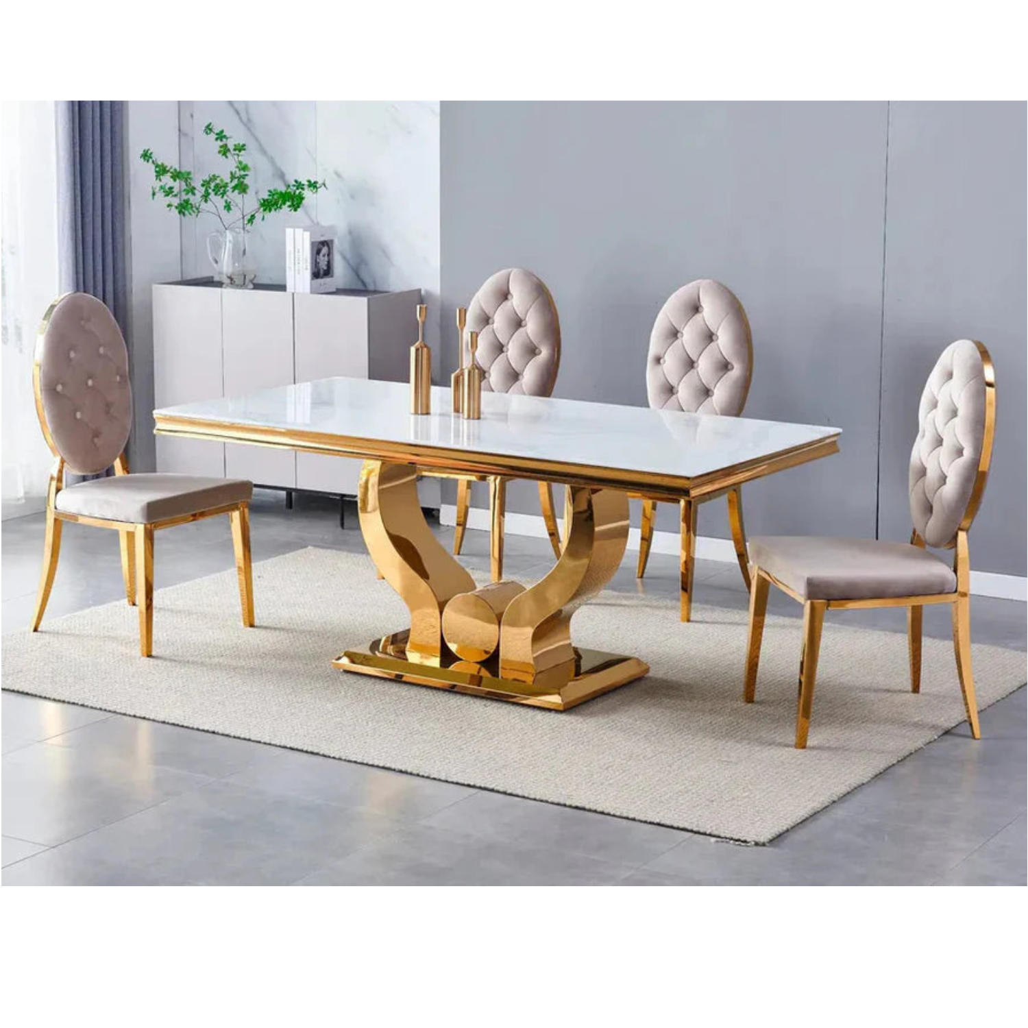 Ensemble salle à manger – Table marbre blanc pieds dorés & 4 chaises velours taupe