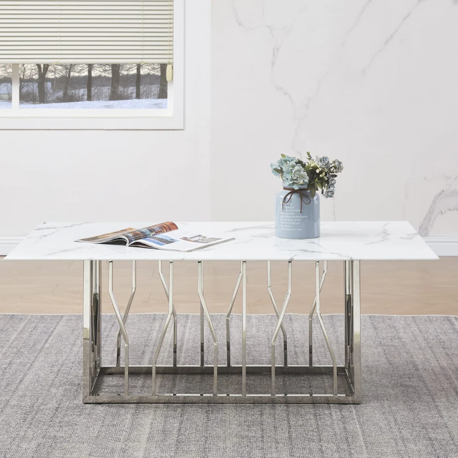 Table Basse Marbre Blanc Véritable & Piètement en Acier