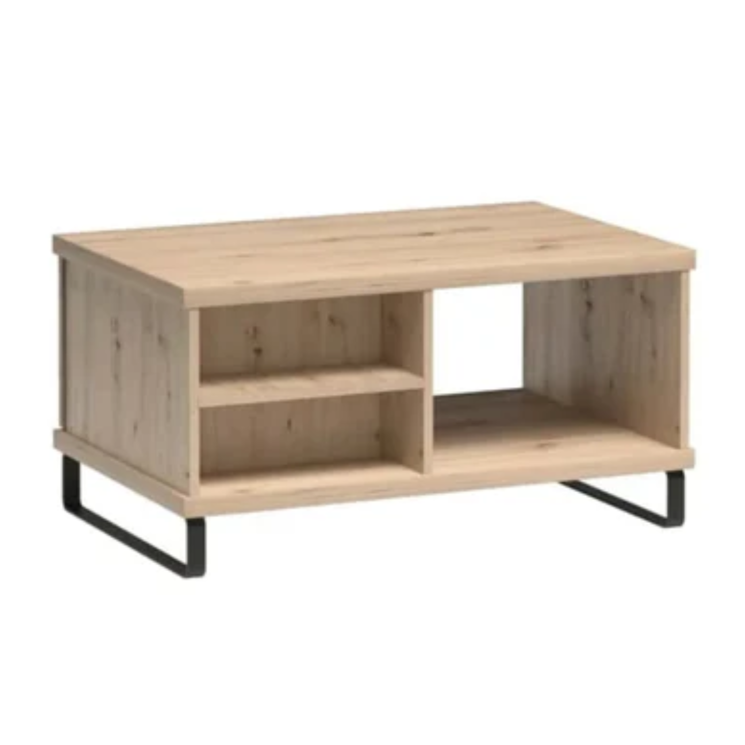 Table basse moderne pour salon et terrasse, avec étagères et tiroir, décorée de bandes à lattes sur fond noir