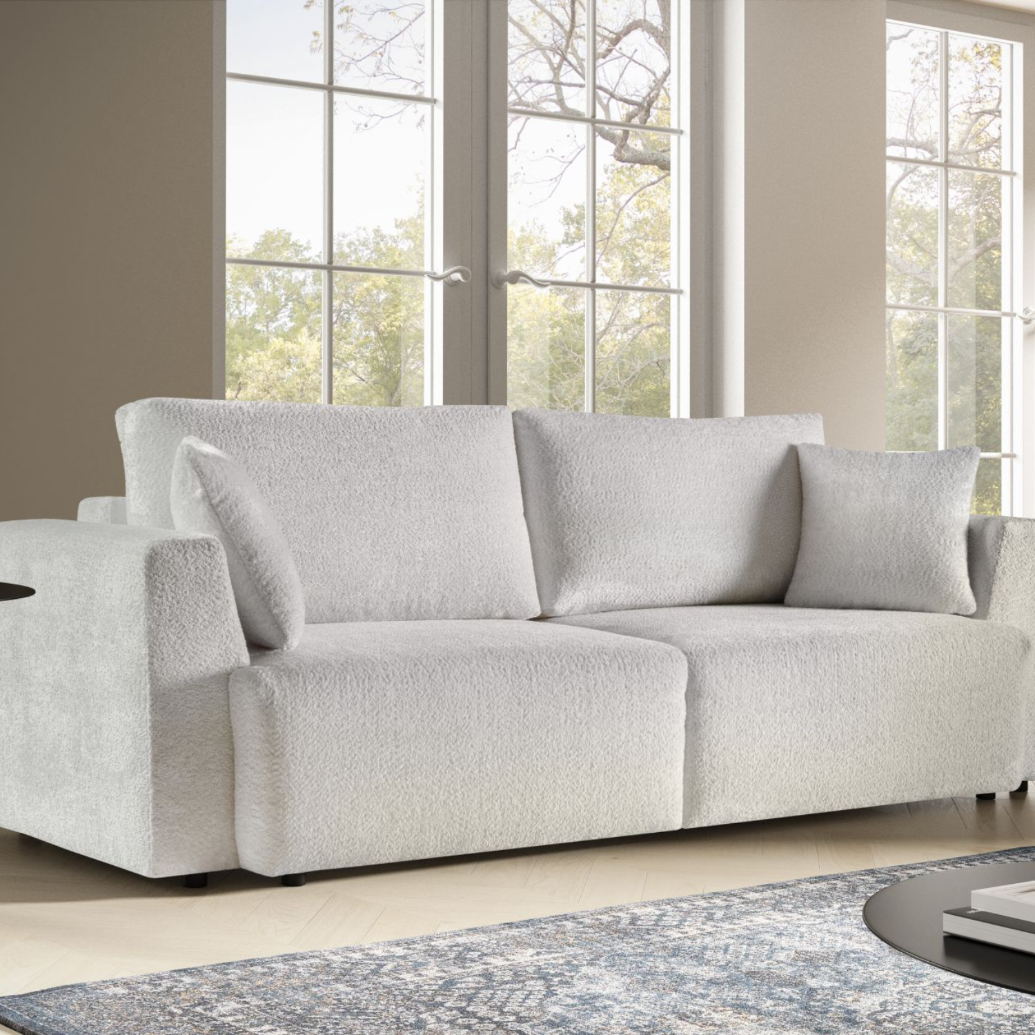 Canapé convertible avec coffre, coussins amovibles et revêtement en tissu bouclé