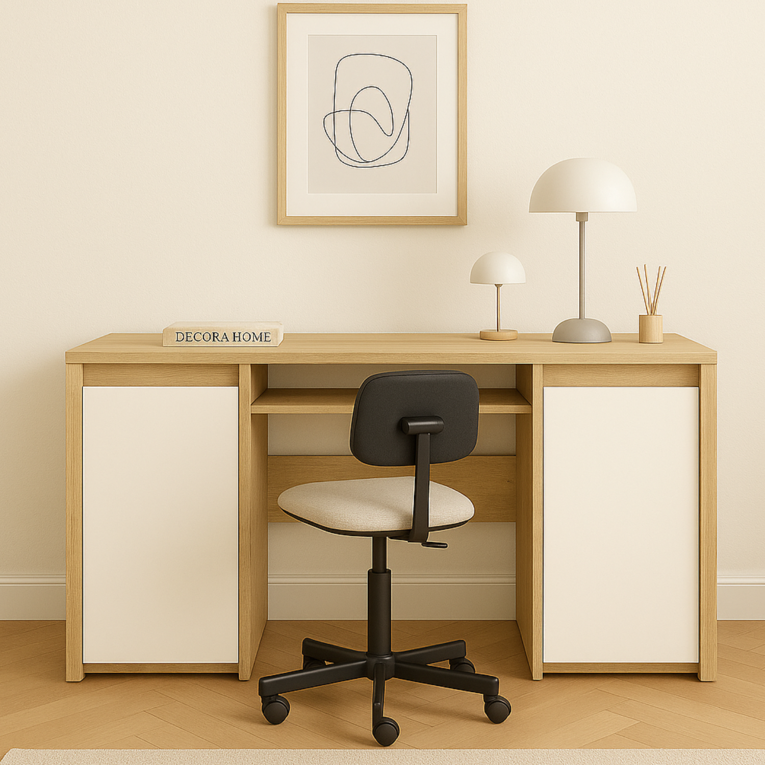 Bureau – Design moderne avec façades blanches brillantes, armoires et étagères intégrées