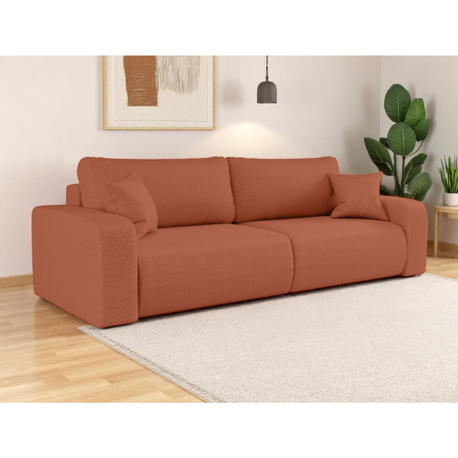 Canapé convertible 3 places – avec coffre de rangement – Tissu bouclette ou velours côtelé – Fabrication européenne