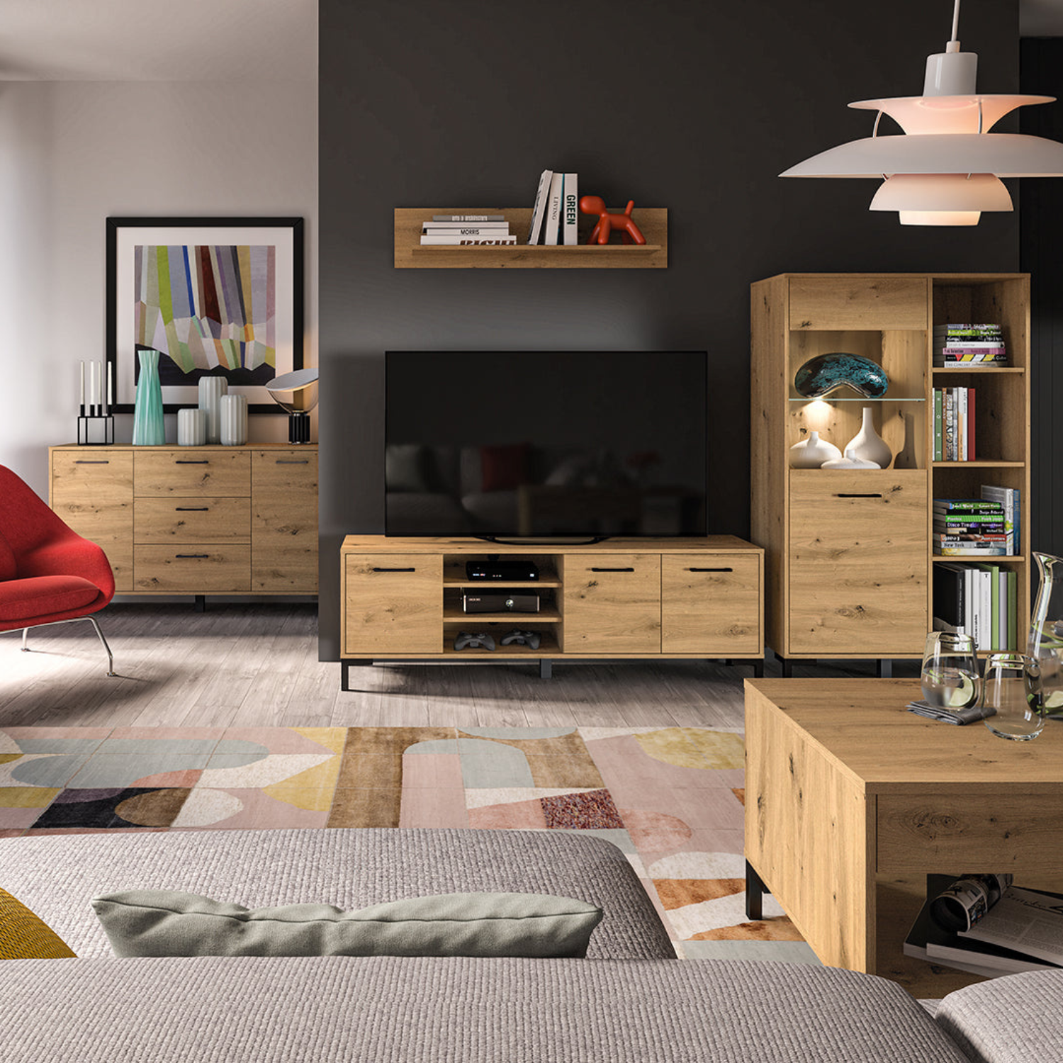 Meuble TV bas moderne – Chêne artisanal – Résistant aux rayures et à l’humidité