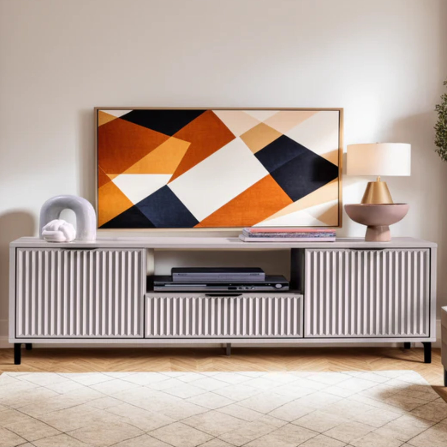 Meuble TV moderne avec rangements – 2 portes + tiroir + étagère centrale – 165 cm
