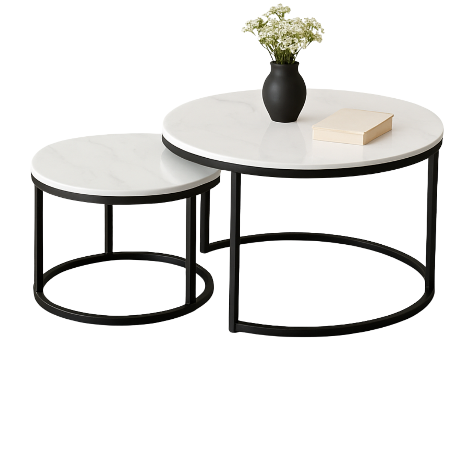 Table basse gigogne marbre céramique blanc structure Métal noir