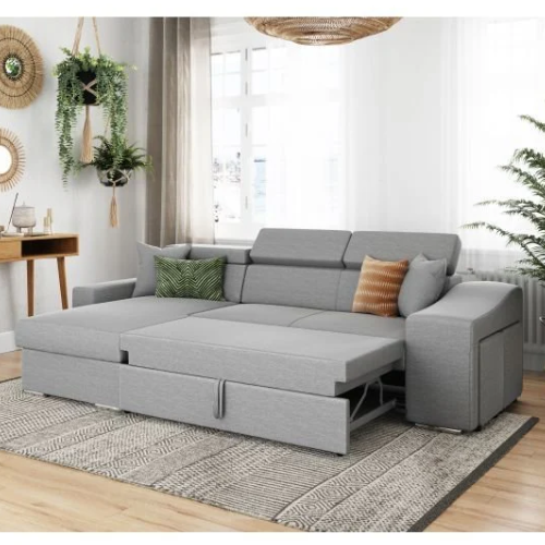 Canapé d'angle réversible, convertible avec coffre et 2 poufs en tissu