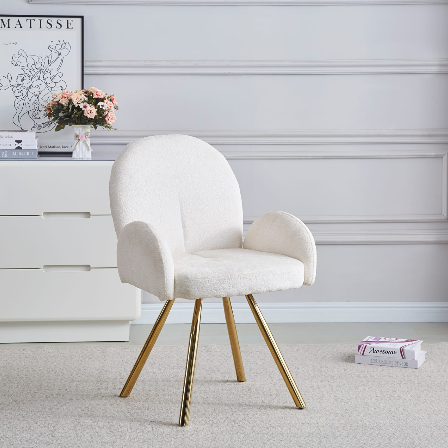 Chaise en tissu chenille avec dossier haut – Piètement en acier doré, argenté ou noir