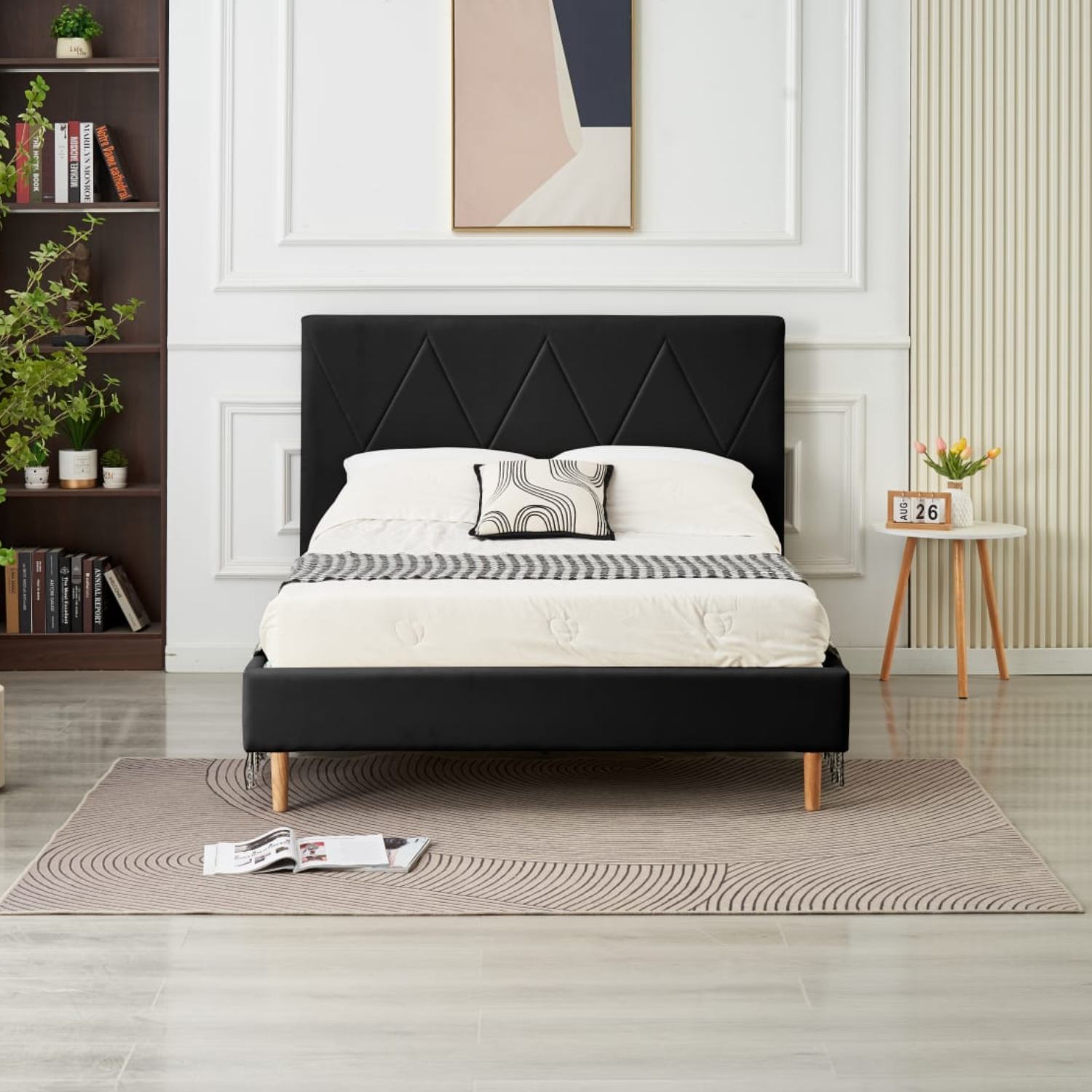 Lit Simple Pied Bois en Similicuir – Blanc, Beige, Noir, Gris – 90x190, 140x190, 160x200 cm