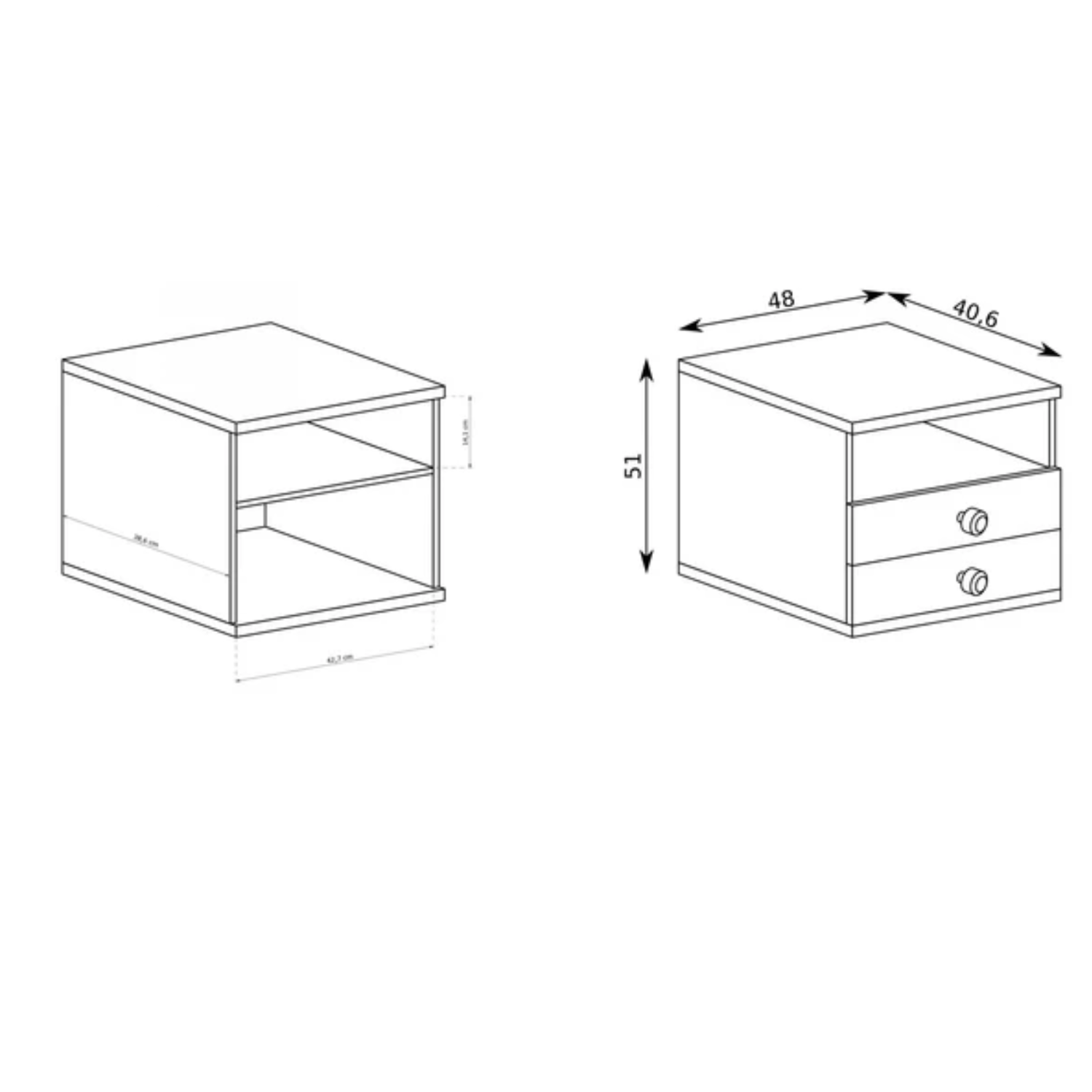Table de chevet spacieuse avec deux tiroirs et une étagère