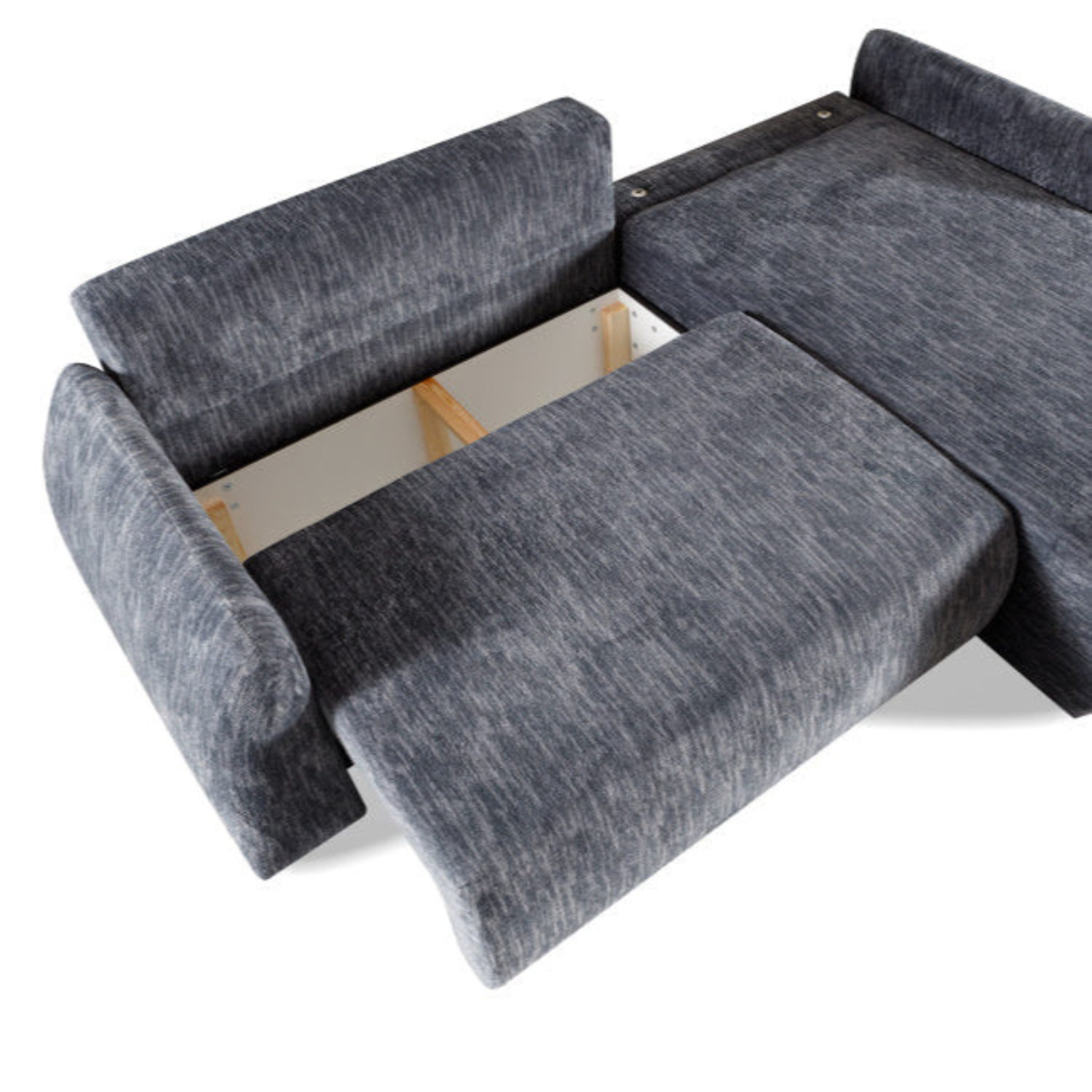 Canapé d’angle arrondi – Convertible, rangement intégré & tissu Ambience 18 doux et lumineux