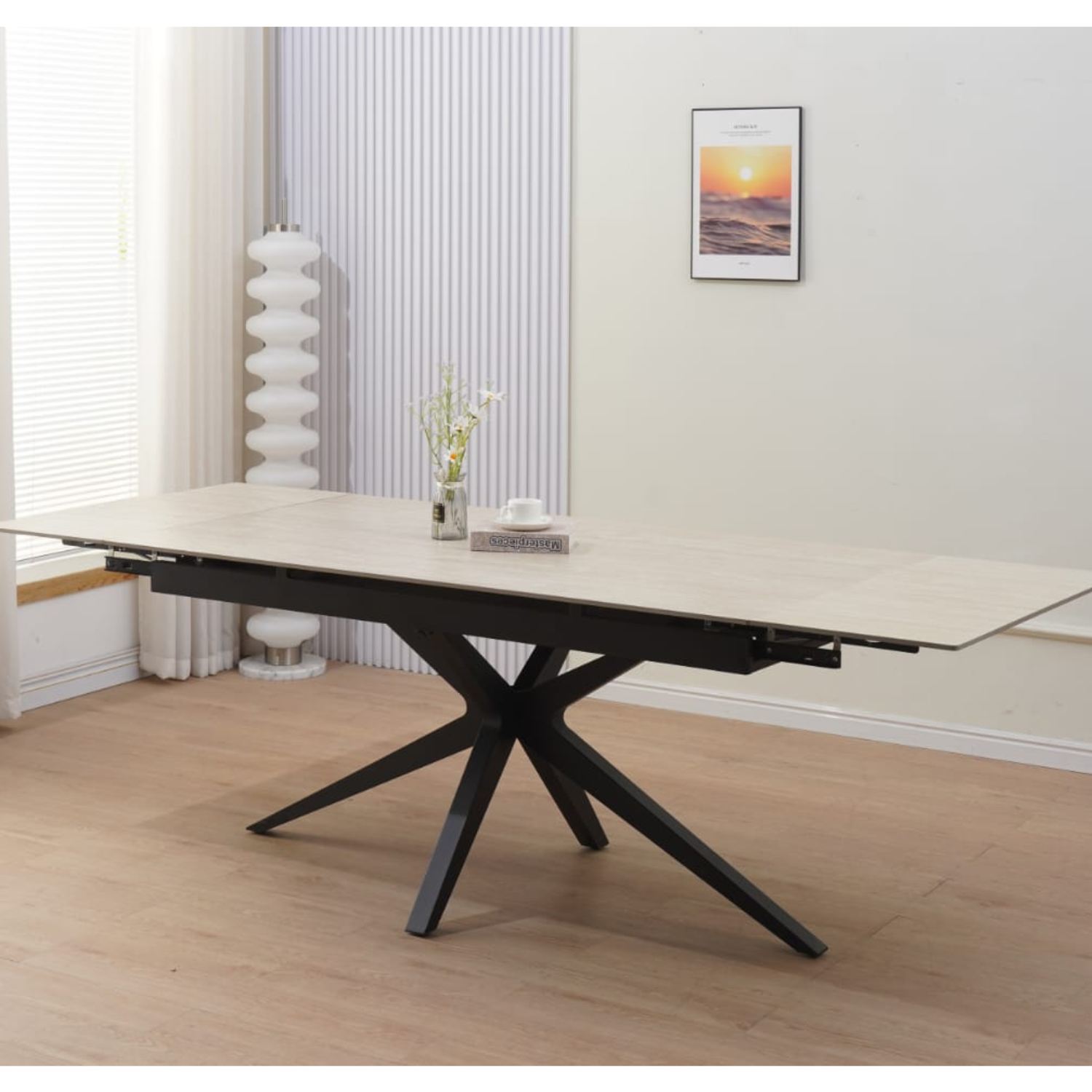 Table à manger extensible – Plateau céramique travertin mat ou blanc – Pied métal noir – 160/240x90x76 cm