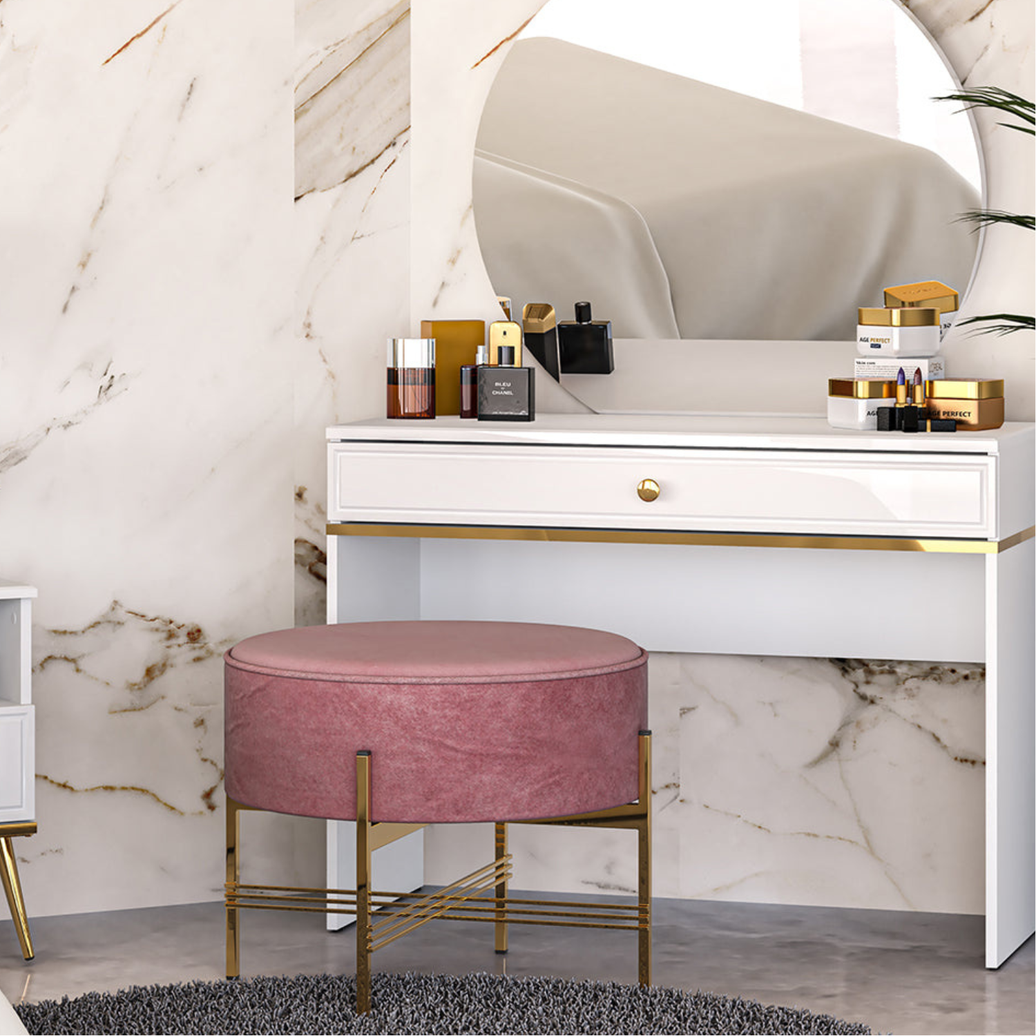Table de Coiffeuse en Bois Laqué Brillant avec Pieds en Métal Doré