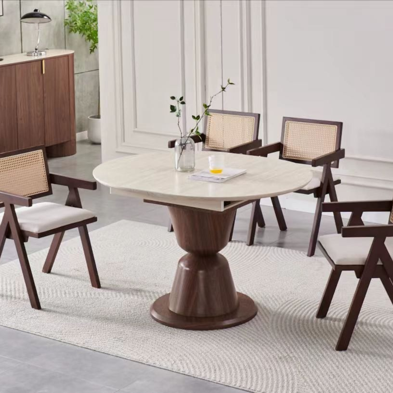 Table à Manger Extensible – Plateau Céramique Travertin et Pieds Noyer