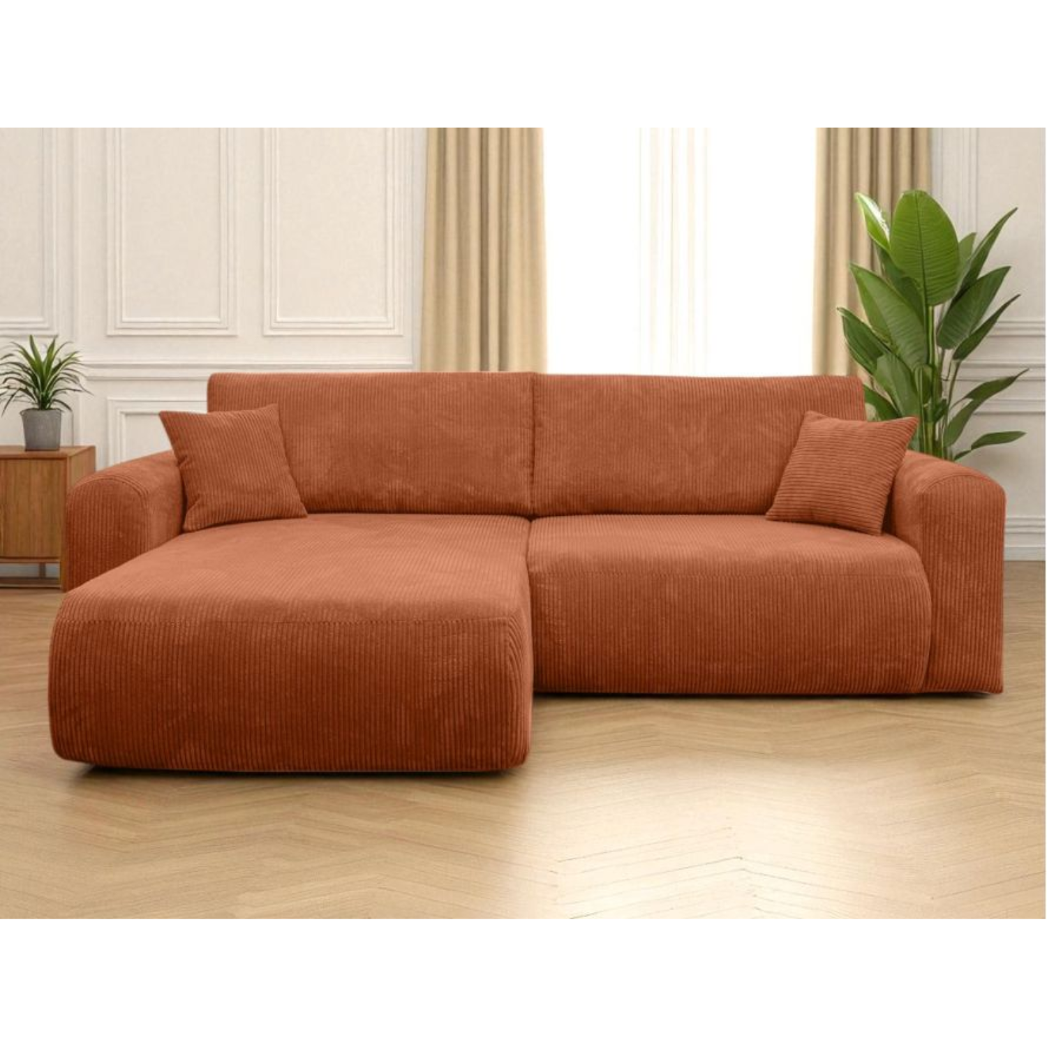 Canapé d’Angle Réversible – 4 Places – Convertible avec Coffre – Tissu Bouclette ou Velours Côtelé