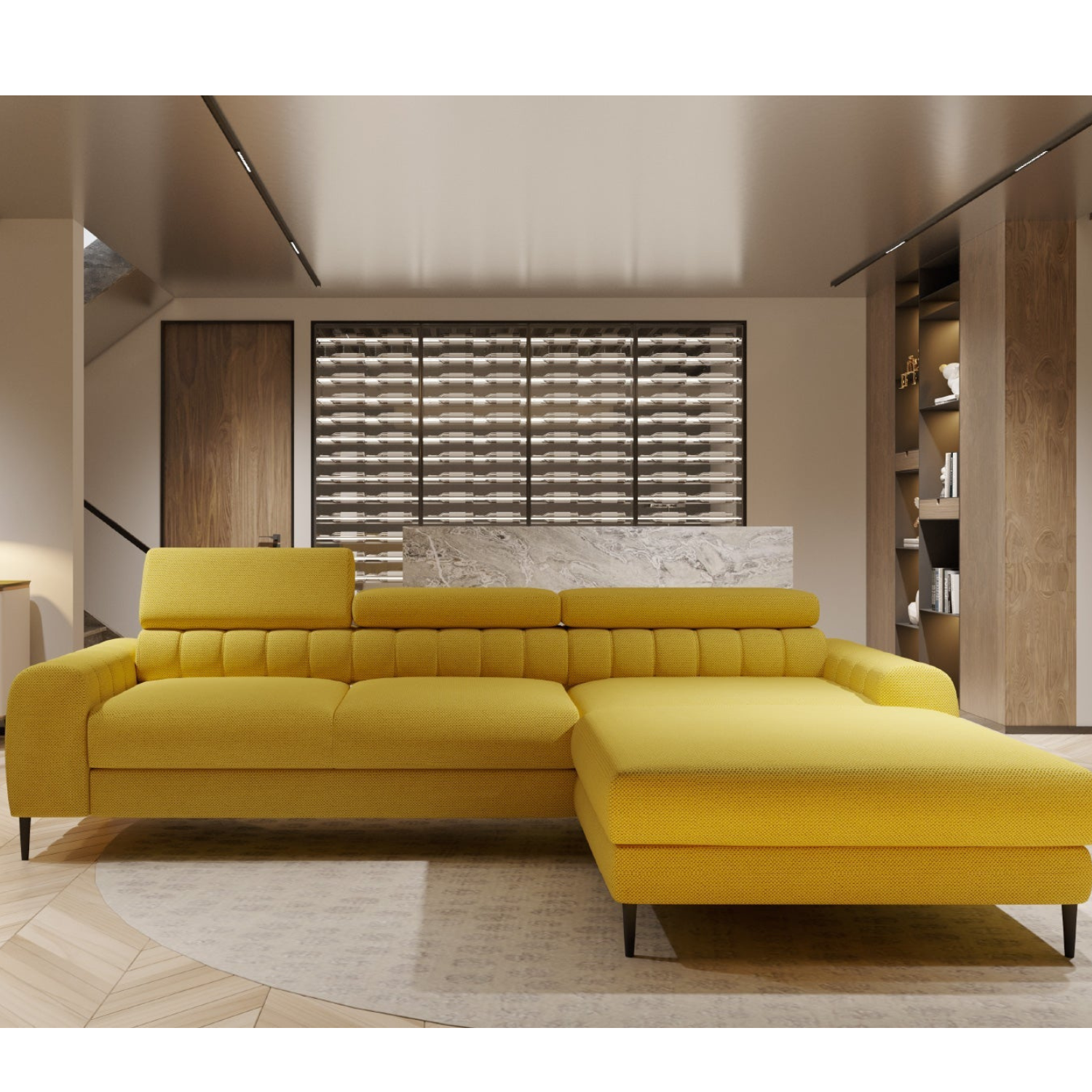 Canapé d’Angle – Compact avec Couchage DELFIN, Coffre de Rangement et Têtières Réglables