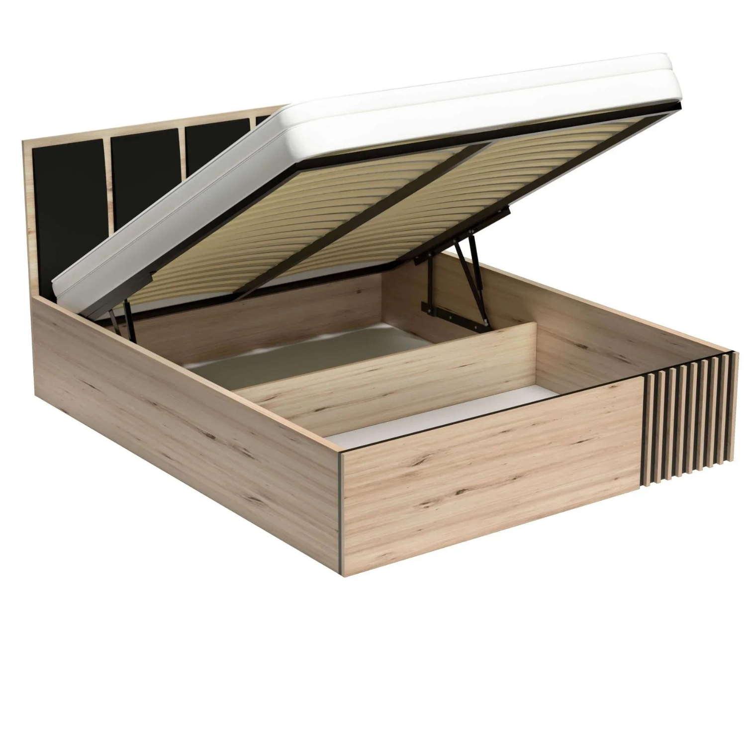 Lit moderne avec tête de lit rembourrée noire et rangement intégré