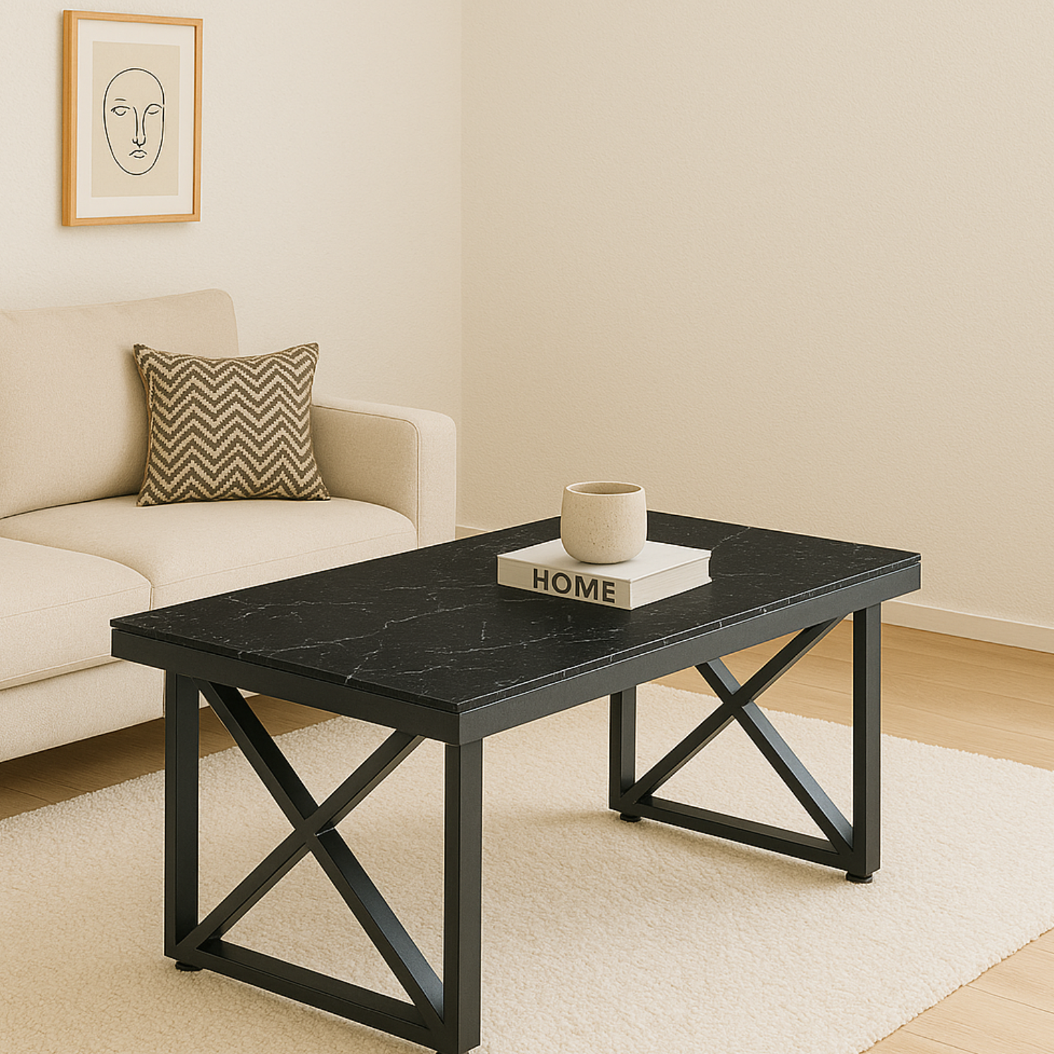 Table Basse Plateau en Marbre Blanc ou Noir et Pieds Métalliques