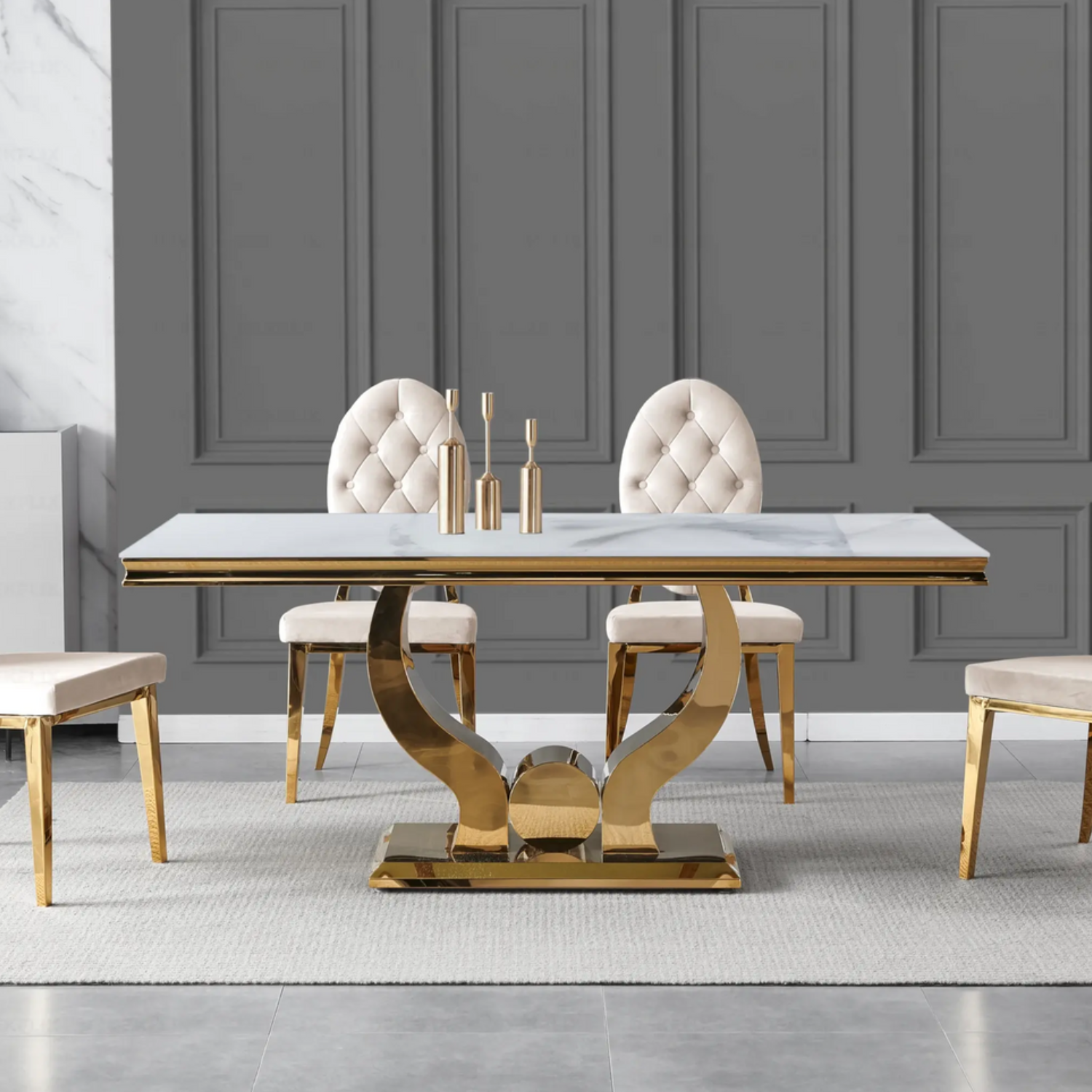 Ensemble salle à manger – Table marbre blanc pieds dorés & 4 chaises velours taupe