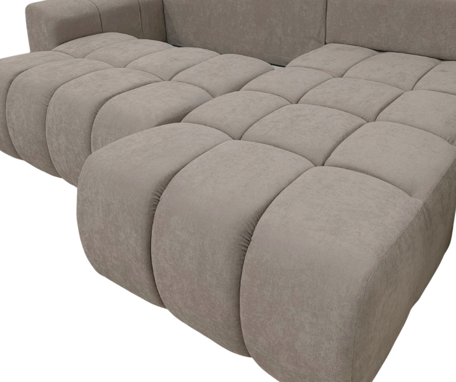 Canapé d’angle convertible en tissu Taupe, fonction couchage et coffre intégré