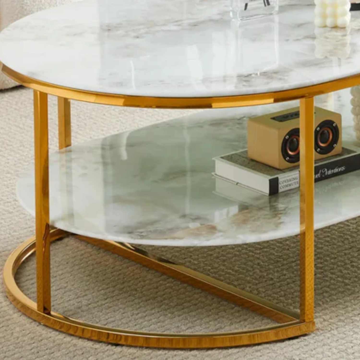 Table basse plateau verre marbré blanc et Piètement Inoxydable