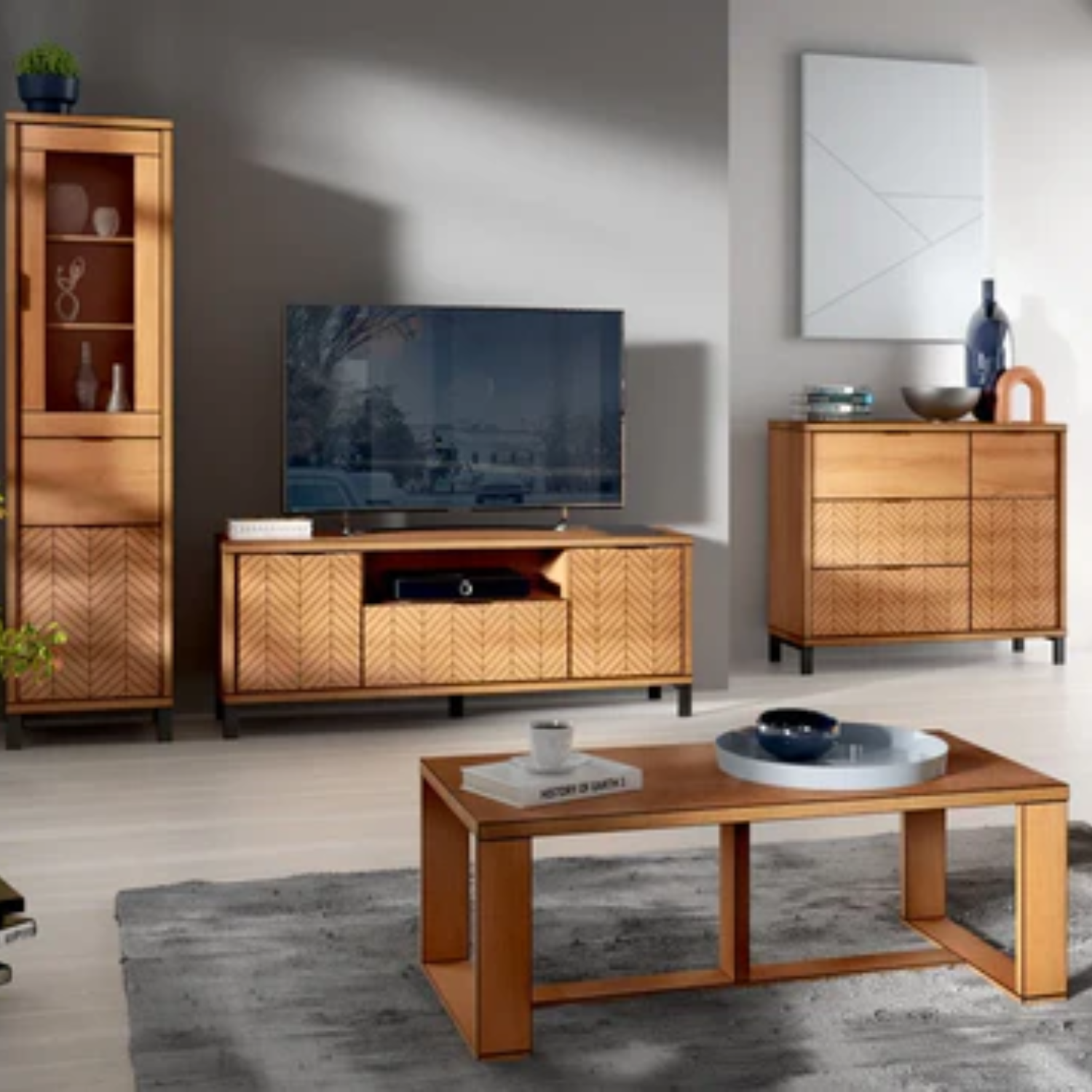 Meuble TV CALFI 158 cm – Design classique avec tiroir central et 2 armoires latérales