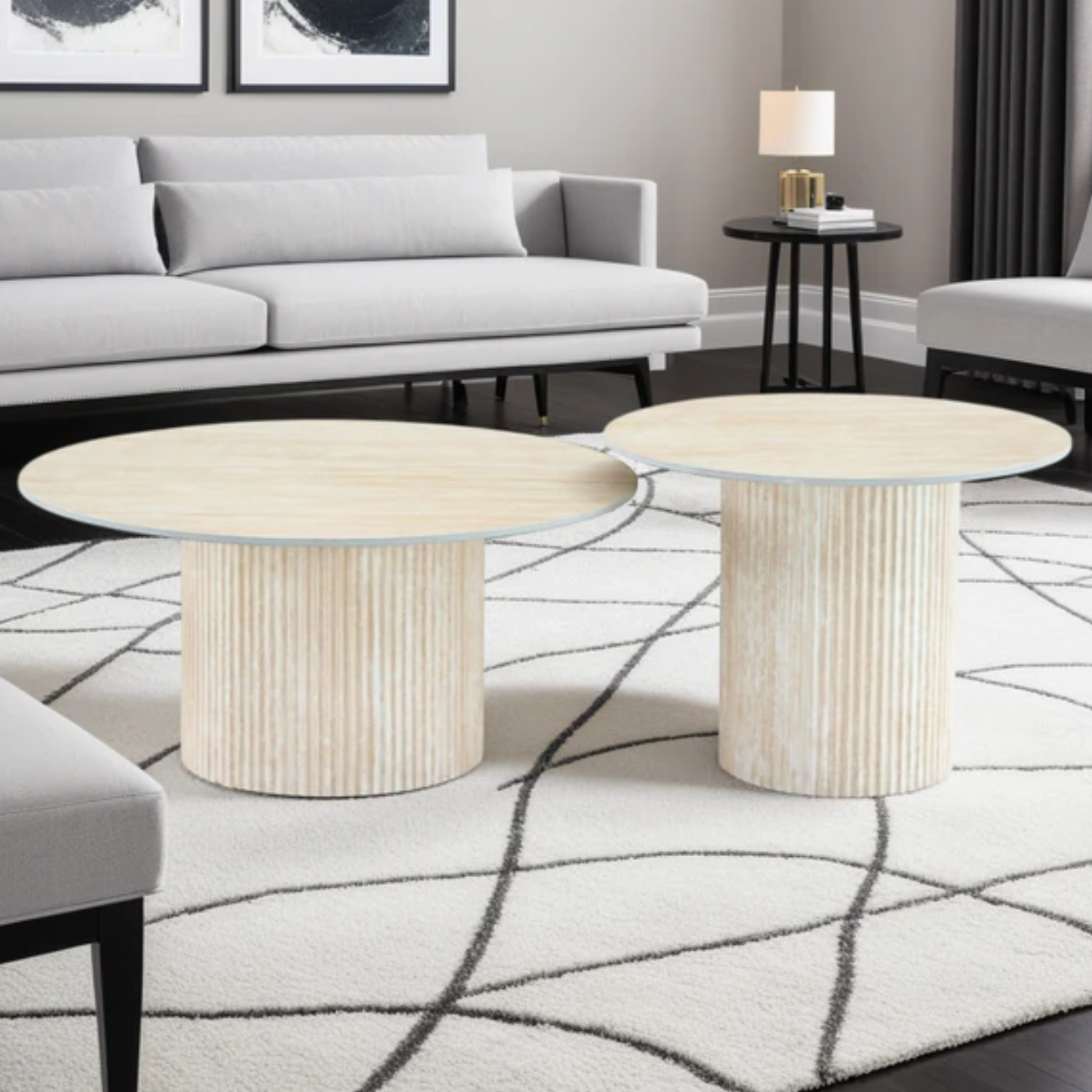 Table basse Plateau marbre en Céramique et Piètement Travertin