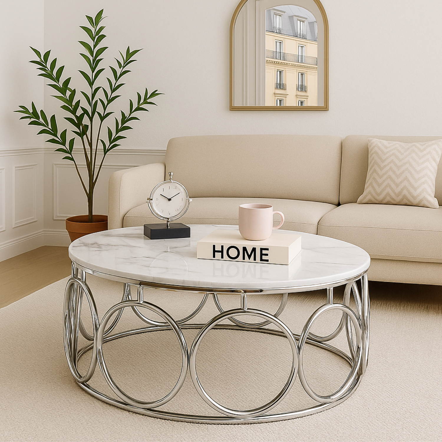 Table Basse Plateau Marbre Blanc ou Gris et Structure Métallique